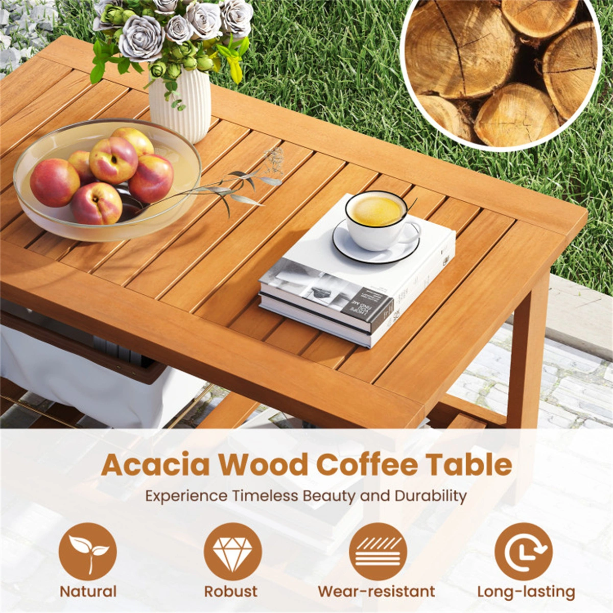 Outdoor Coffee Table with Lower Shelf, Sturdy Slatted Center Table for Patio Garden Living Room Indoor Outdoor view 10
