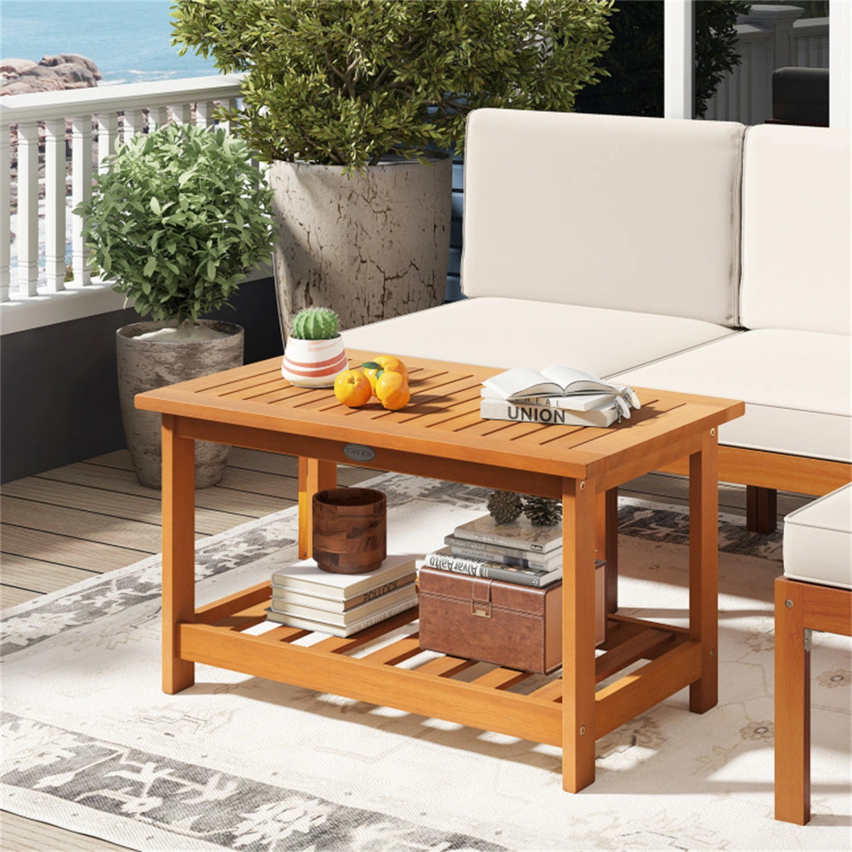 Outdoor Coffee Table with Lower Shelf, Sturdy Slatted Center Table for Patio Garden Living Room Indoor Outdoor view 2