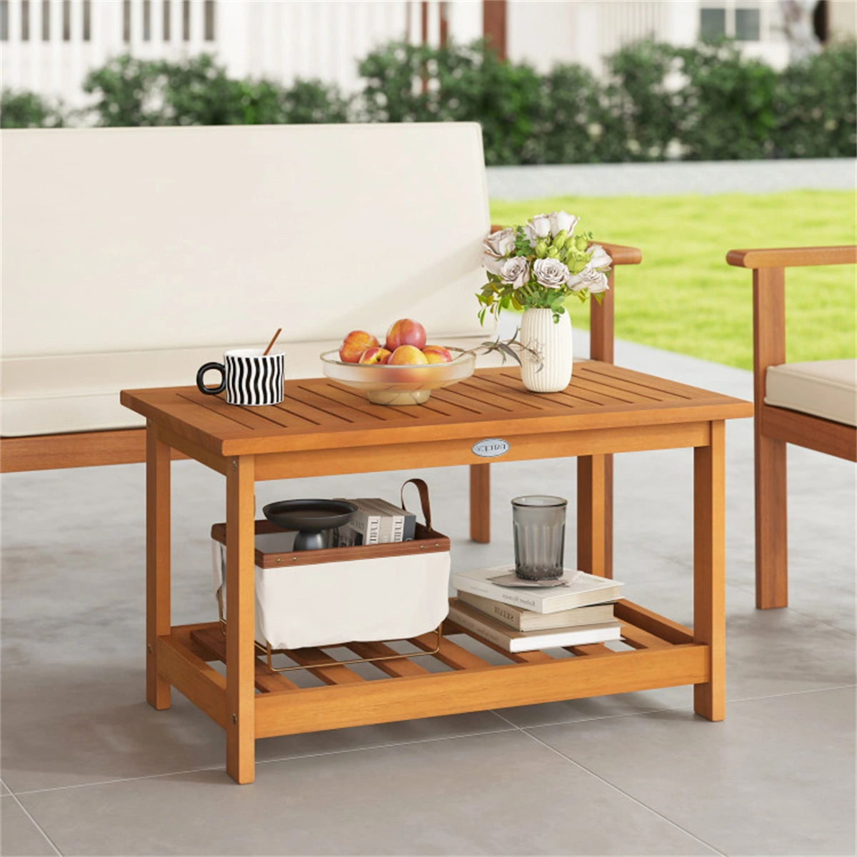 Outdoor Coffee Table with Lower Shelf, Sturdy Slatted Center Table for Patio Garden Living Room Indoor Outdoor view 5