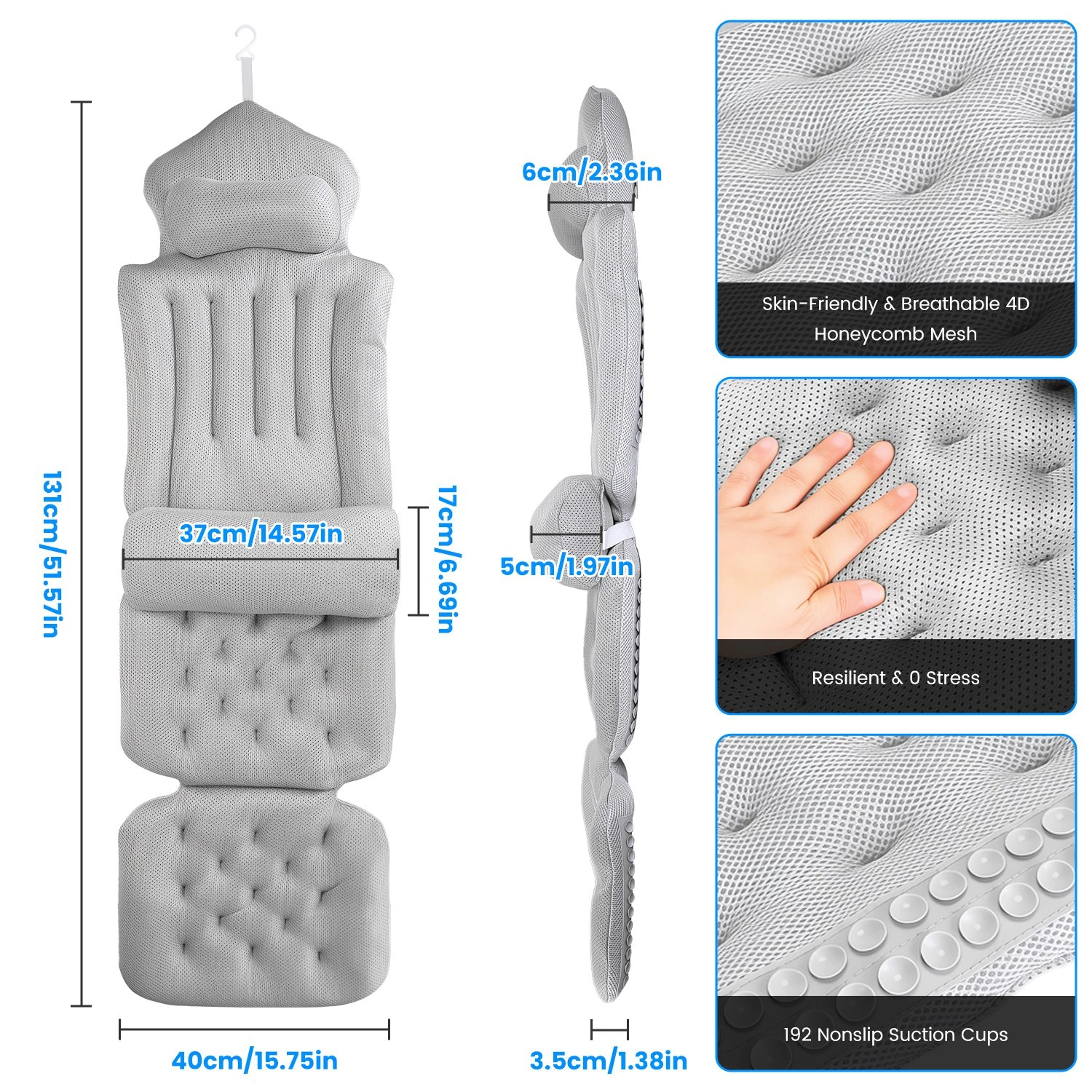 Full Body Bathtub Cushion with Detachable Lumbar Pillow, 4D Honeycomb Mesh Non-Slip Bath Mat with 192 Suction Cups, Machine Washable Soft Bath Pillow for Spa Soaking view 9