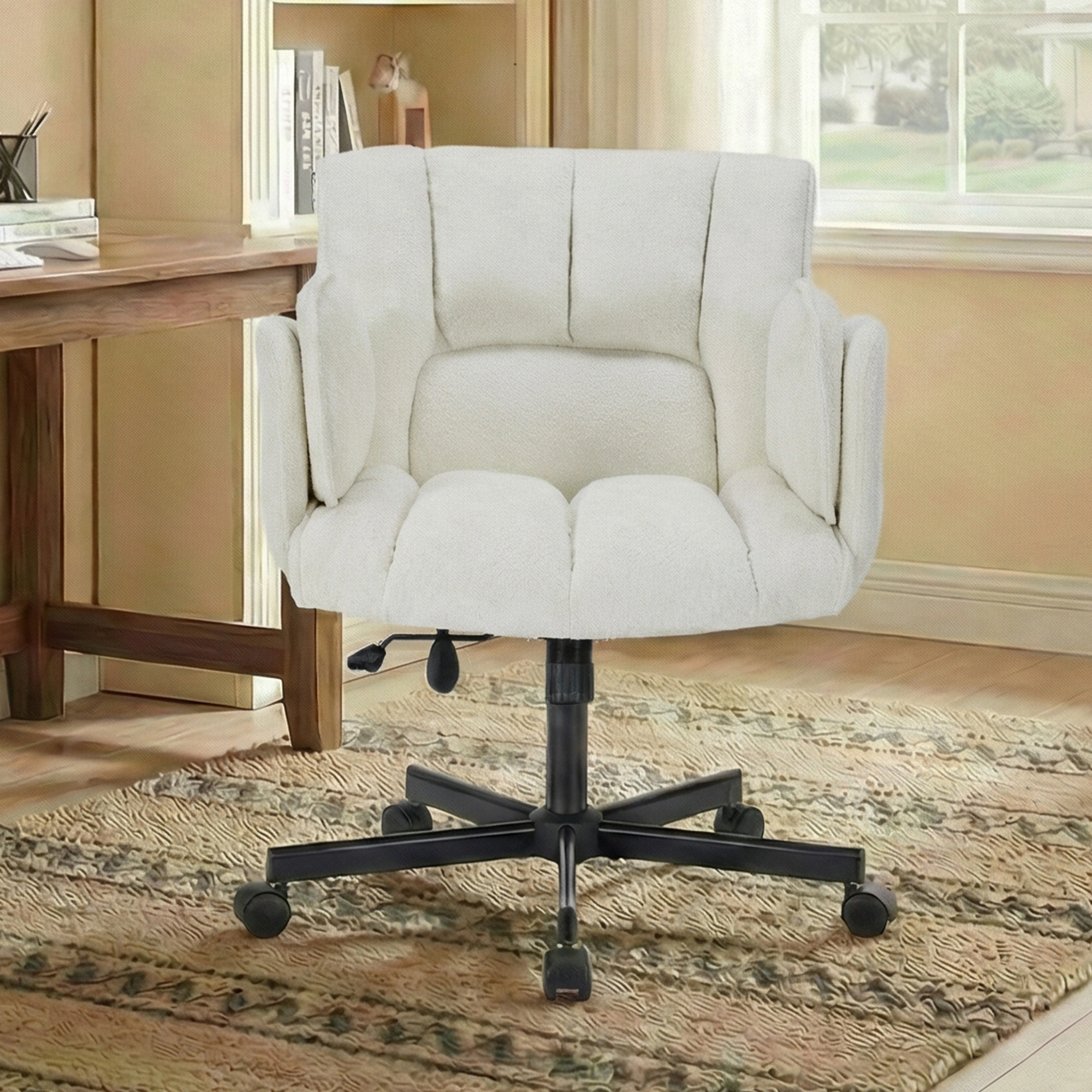 Home office chair, swivel chair, desk chair with casters, rotatable office chair with foldable armrests, load capacity 150kg, height adjustable, Beige view 2