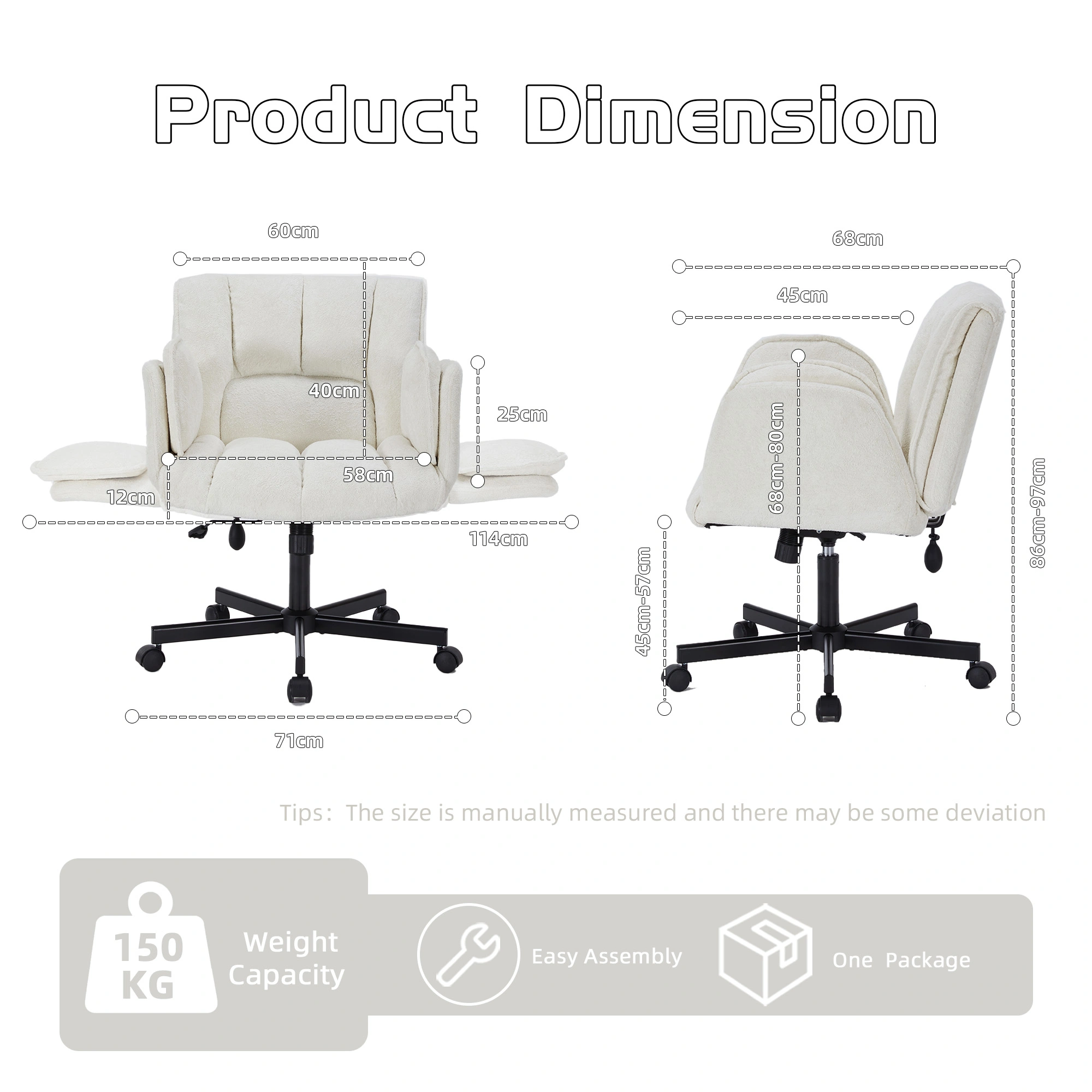 Home office chair, swivel chair, desk chair with casters, rotatable office chair with foldable armrests, load capacity 150kg, height adjustable, Beige view 3