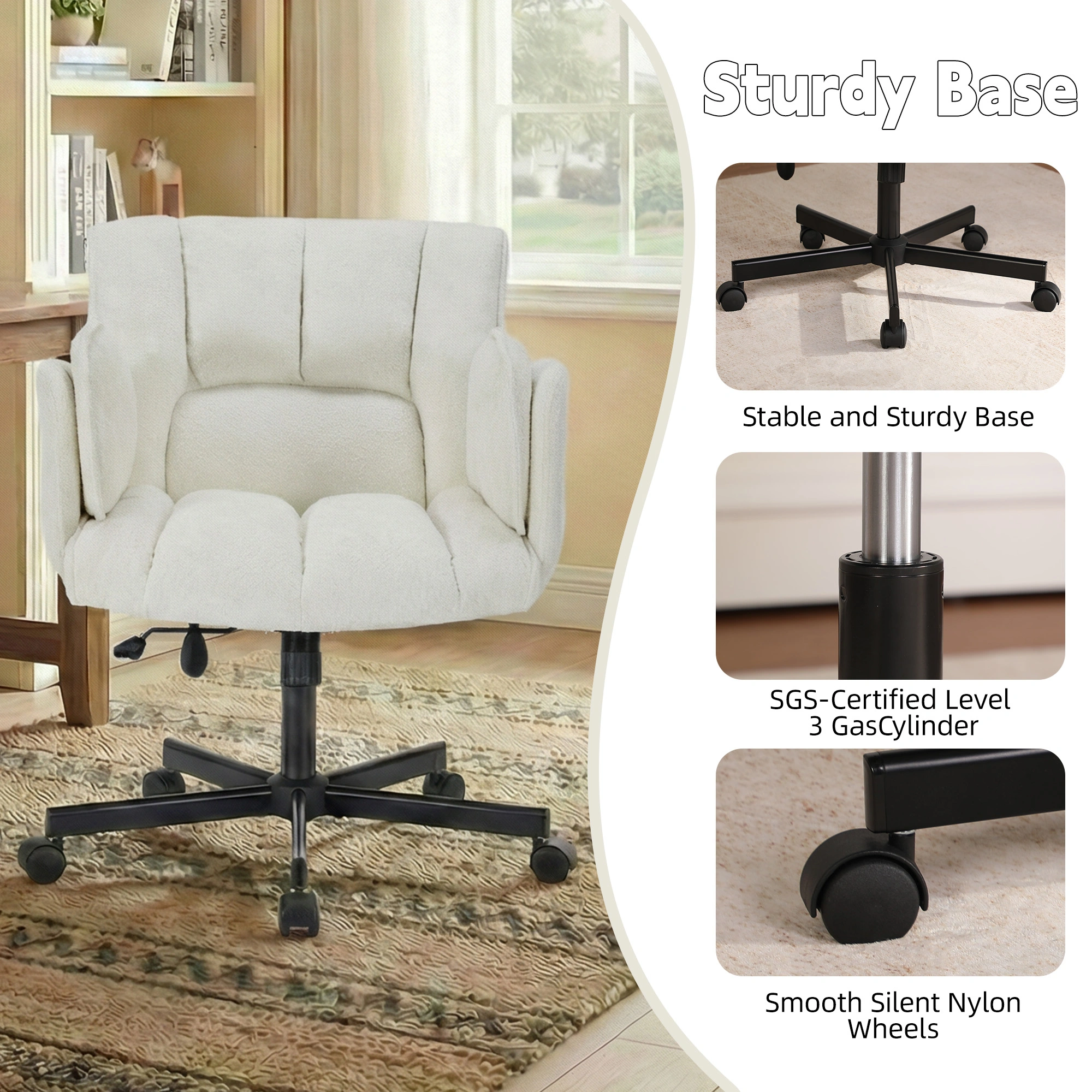Home office chair, swivel chair, desk chair with casters, rotatable office chair with foldable armrests, load capacity 150kg, height adjustable, Beige view 5