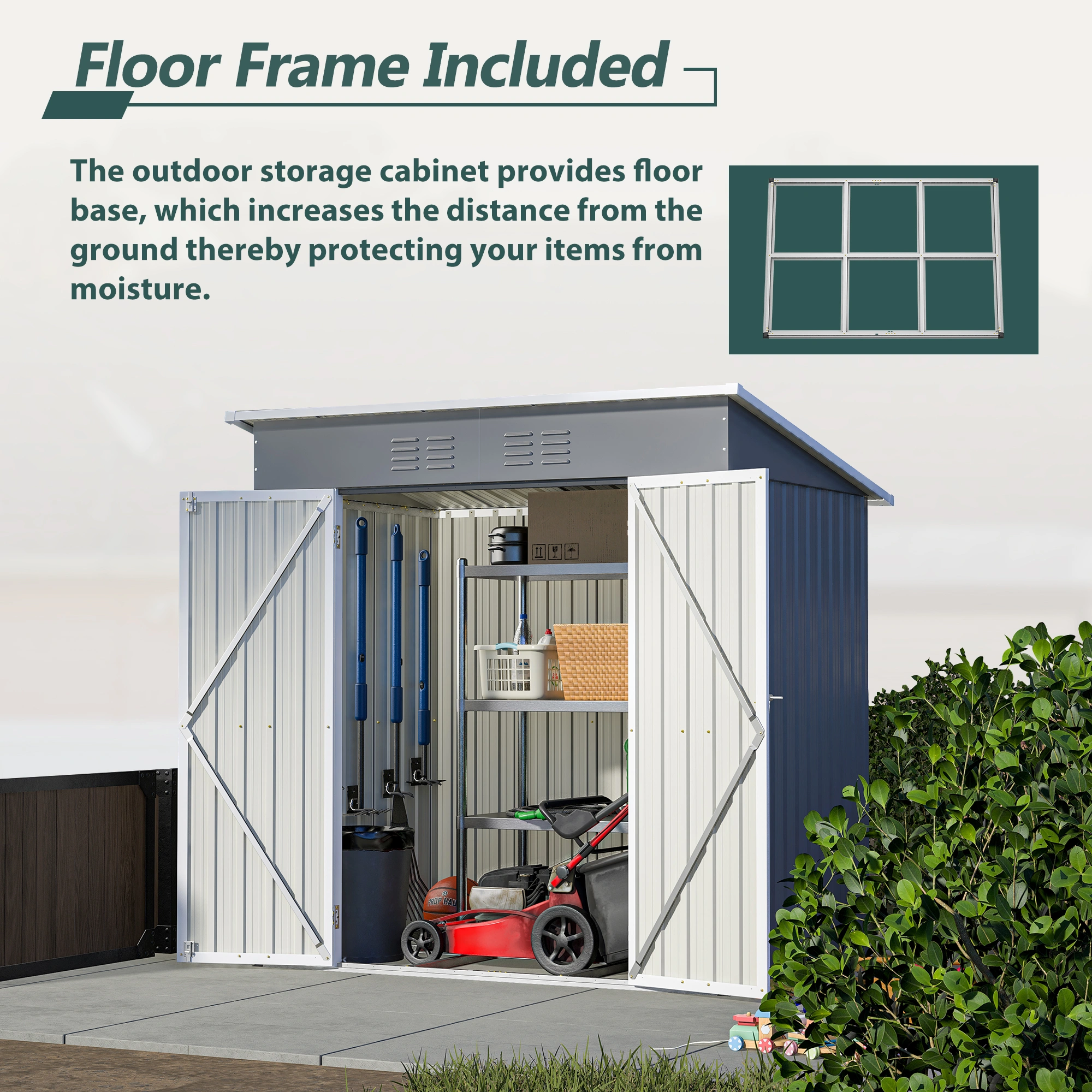 4'x6' Metal Storage Shed with Floor Frame, Steel Outdoor Tool Shed, Double Lockable Doors & Air Vent, Gray for Backyard Garden Patio view 3
