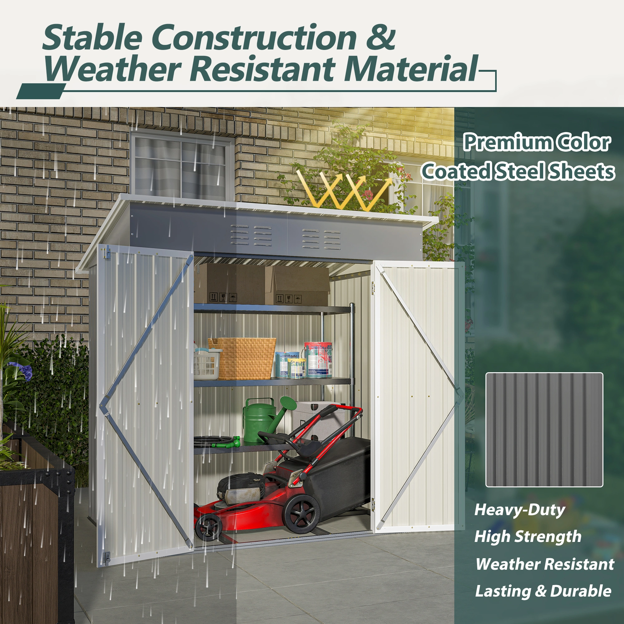 4'x6' Metal Storage Shed with Floor Frame, Steel Outdoor Tool Shed, Double Lockable Doors & Air Vent, Gray for Backyard Garden Patio view 5