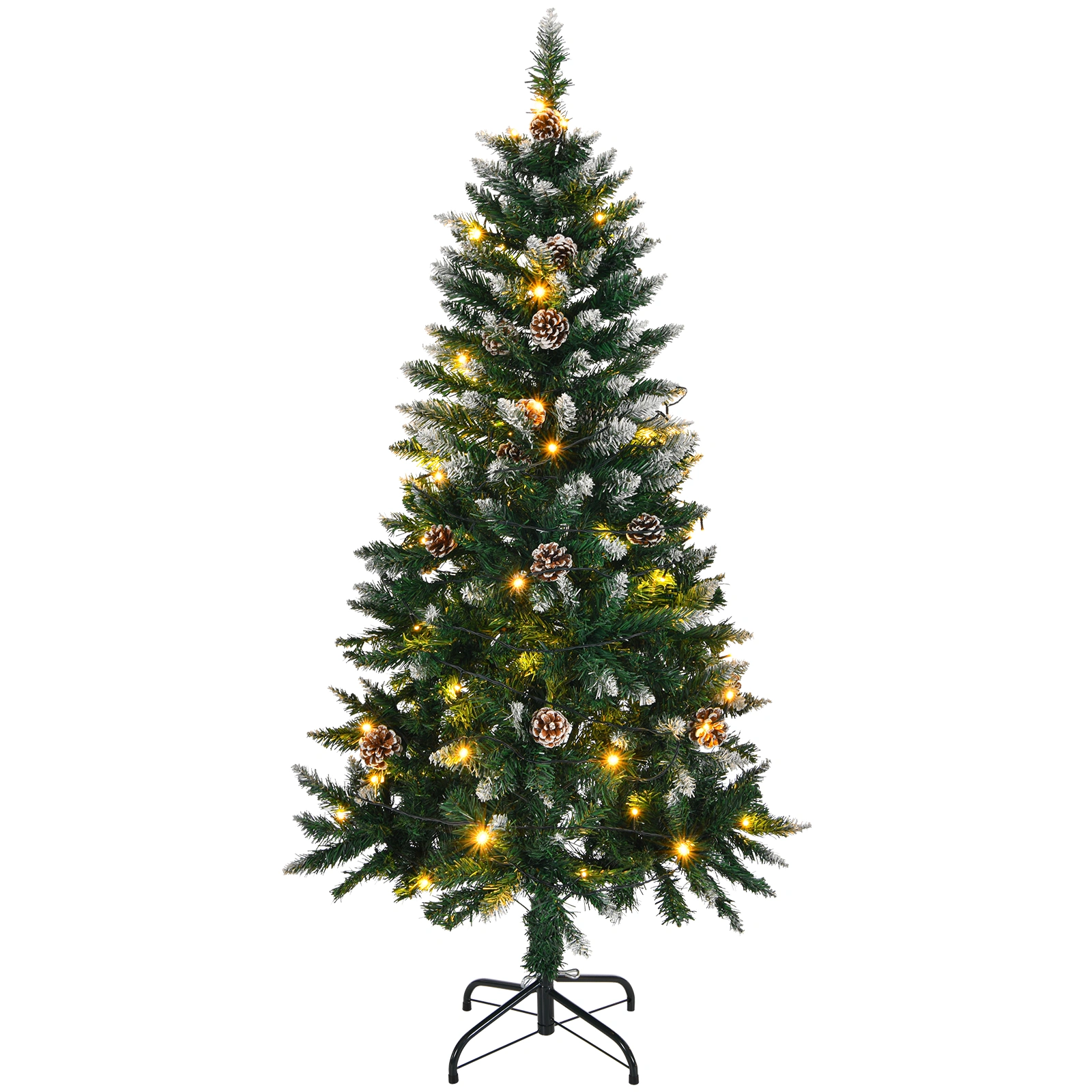5FT Artificial Snow Tipped Christmas Tree 100 Warm Battery Lights 800 Branch Tips Metal Stand 21 Pine Cones Green