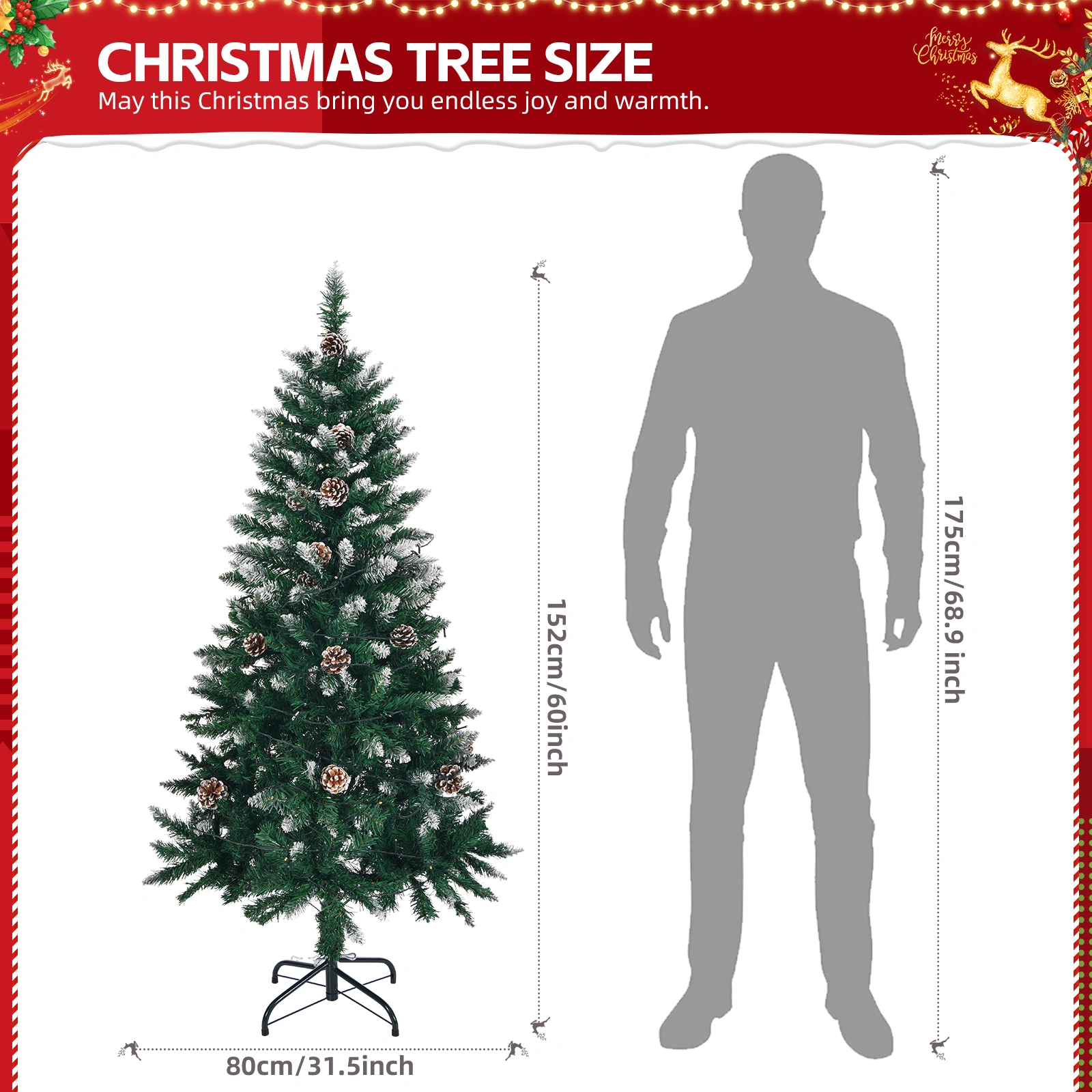 5FT Artificial Snow Tipped Christmas Tree 100 Warm Battery Lights 800 Branch Tips Metal Stand 21 Pine Cones Green view 3