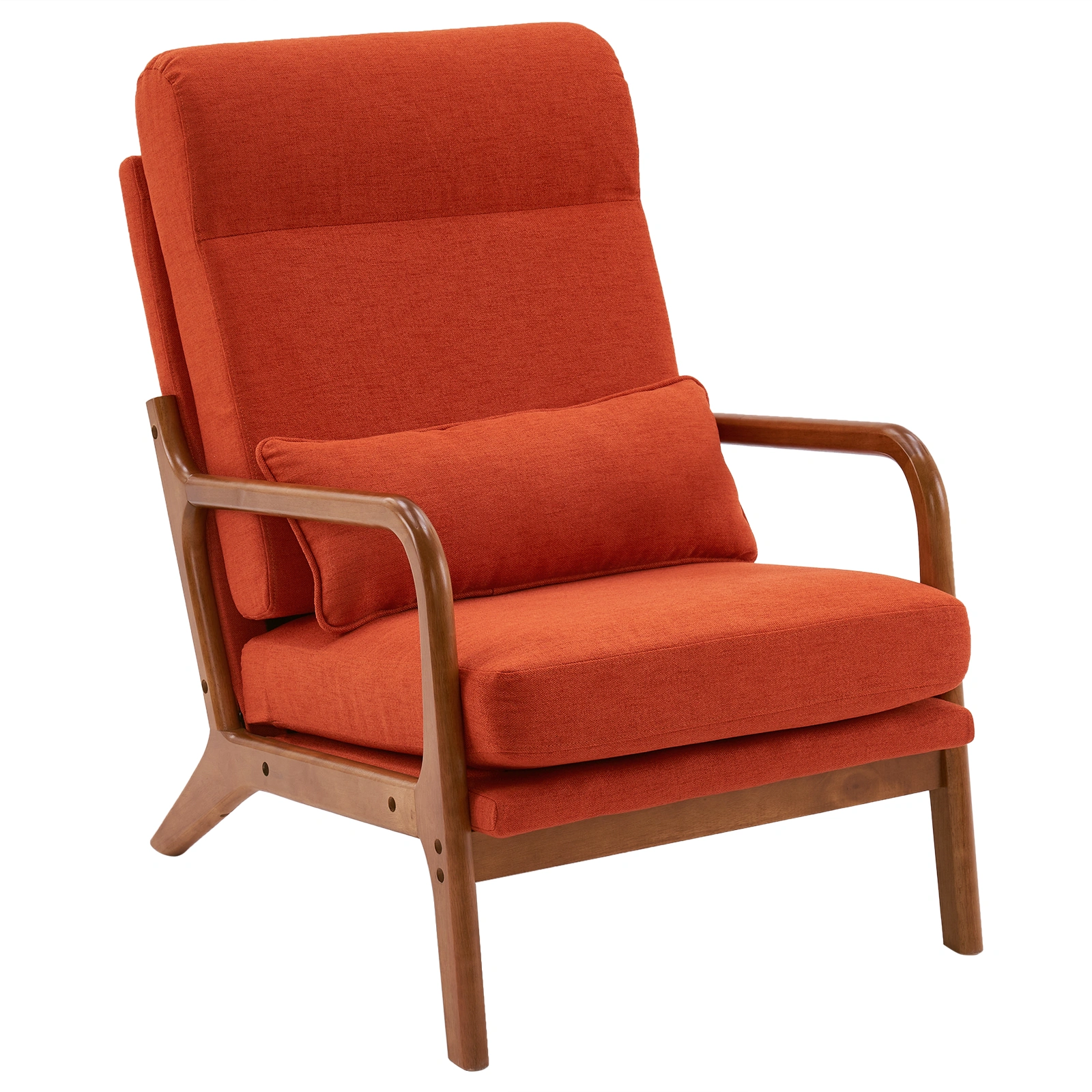 High Back Linen Armchair Solid Wood Seat Iron Frame Living Room Lounge Chair with Armrests, Burnt Orange