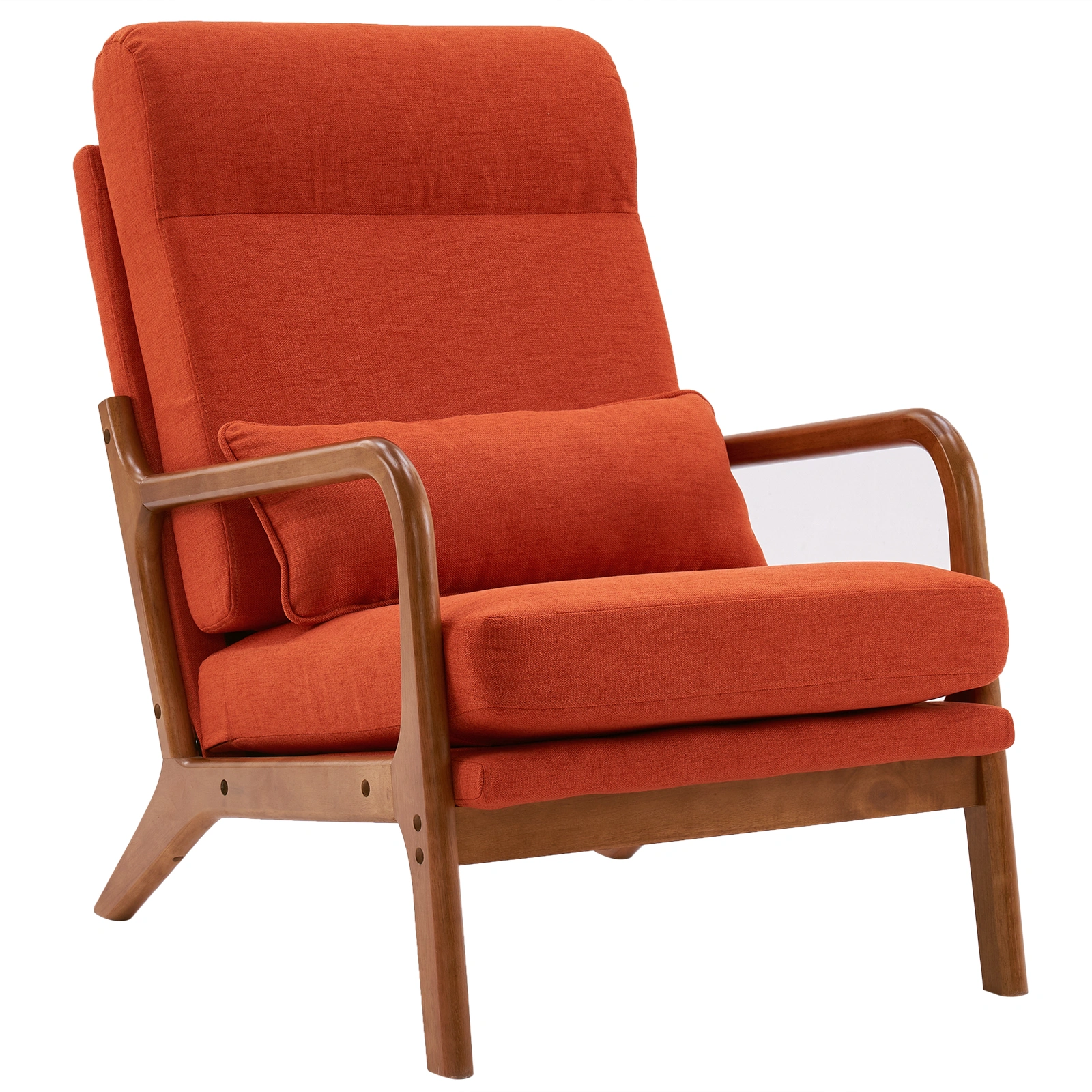 High Back Linen Armchair Solid Wood Seat Iron Frame Living Room Lounge Chair with Armrests, Burnt Orange view 2
