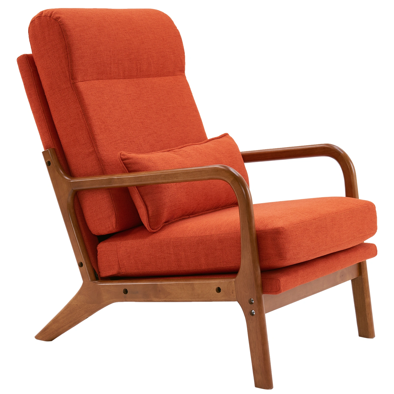 High Back Linen Armchair Solid Wood Seat Iron Frame Living Room Lounge Chair with Armrests, Burnt Orange view 3