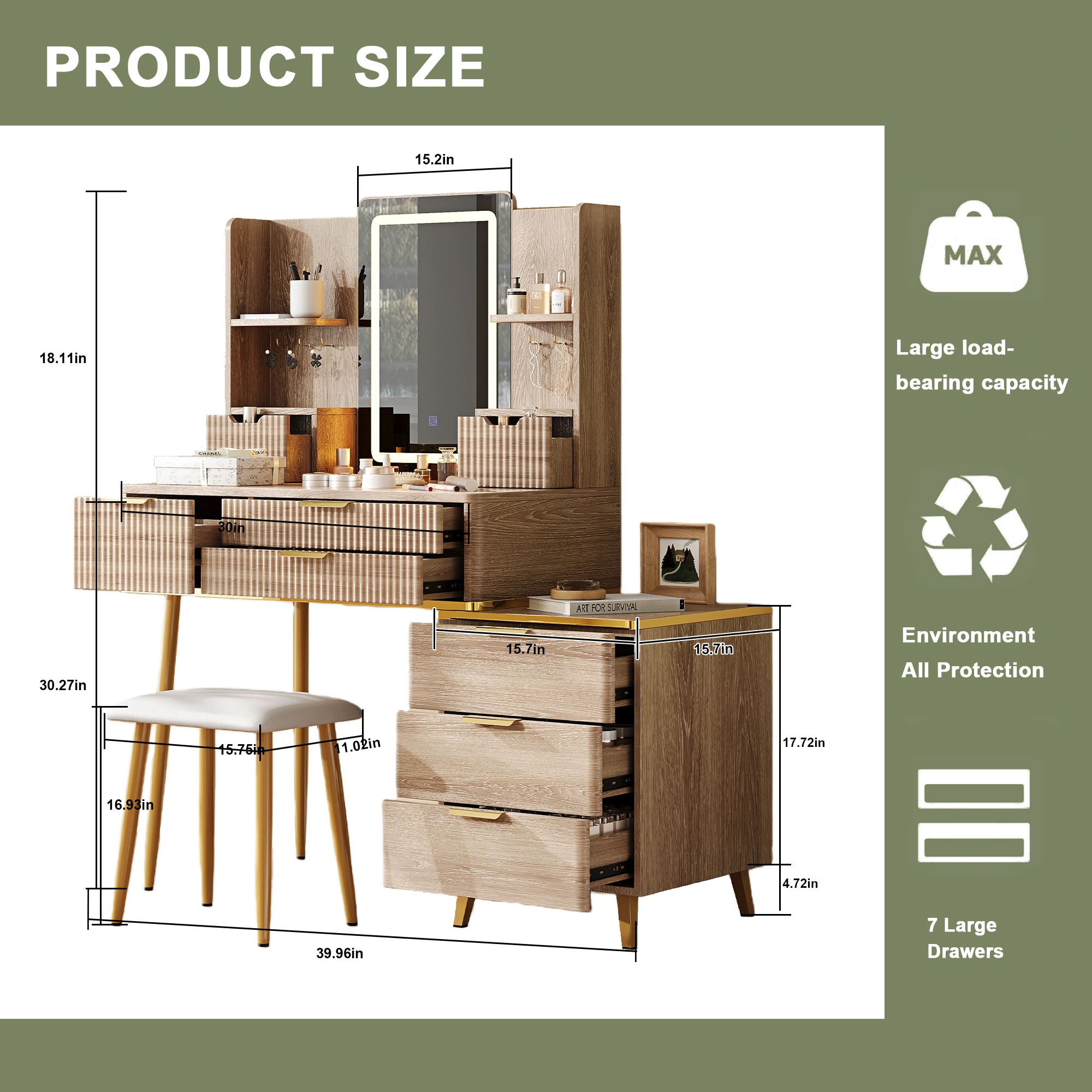 7-Drawer Vanity Desk with LED Mirror, Fluted Makeup Table & Jewelry Storage, PU view 2