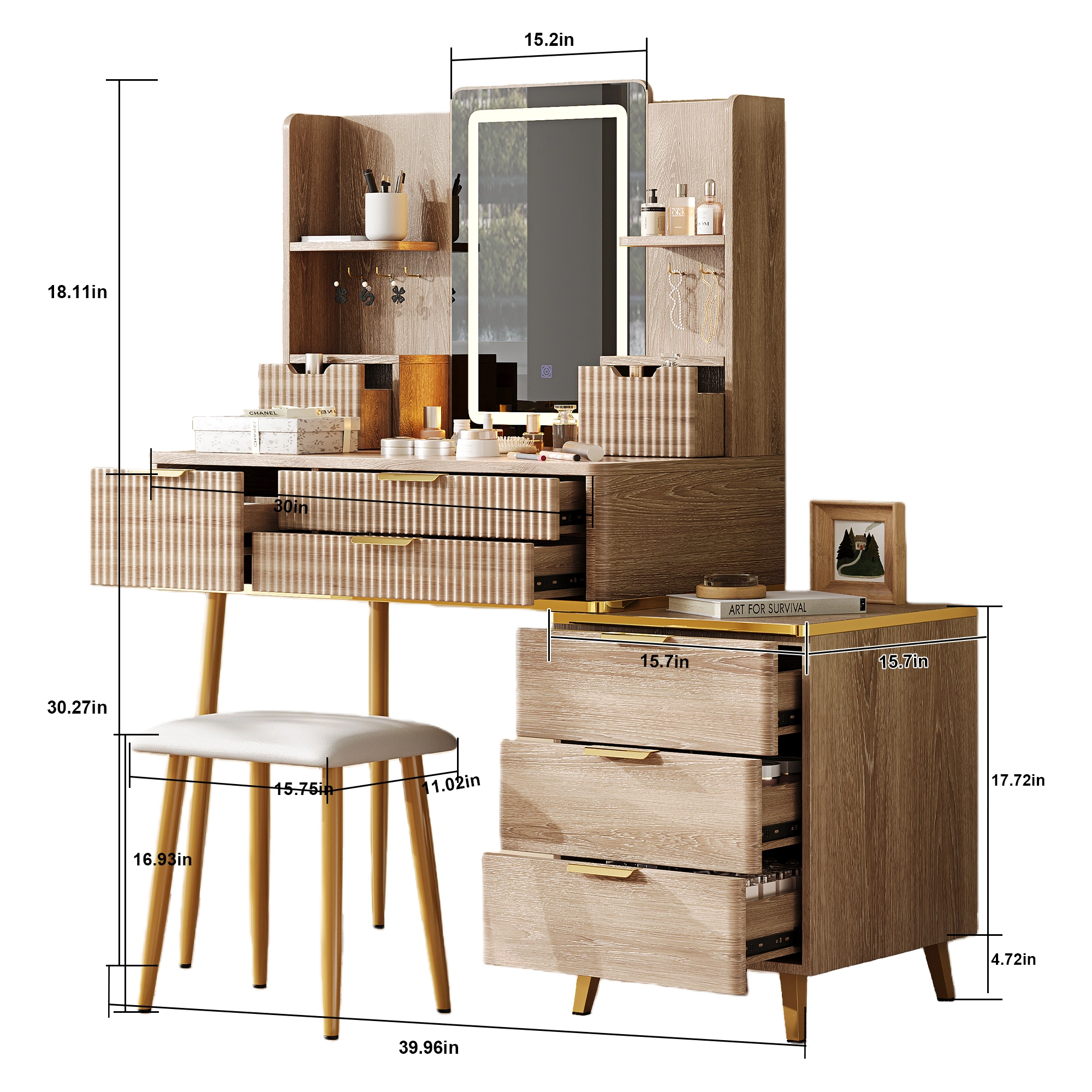 7-Drawer Vanity Desk with LED Mirror, Fluted Makeup Table & Jewelry Storage, PU view 4