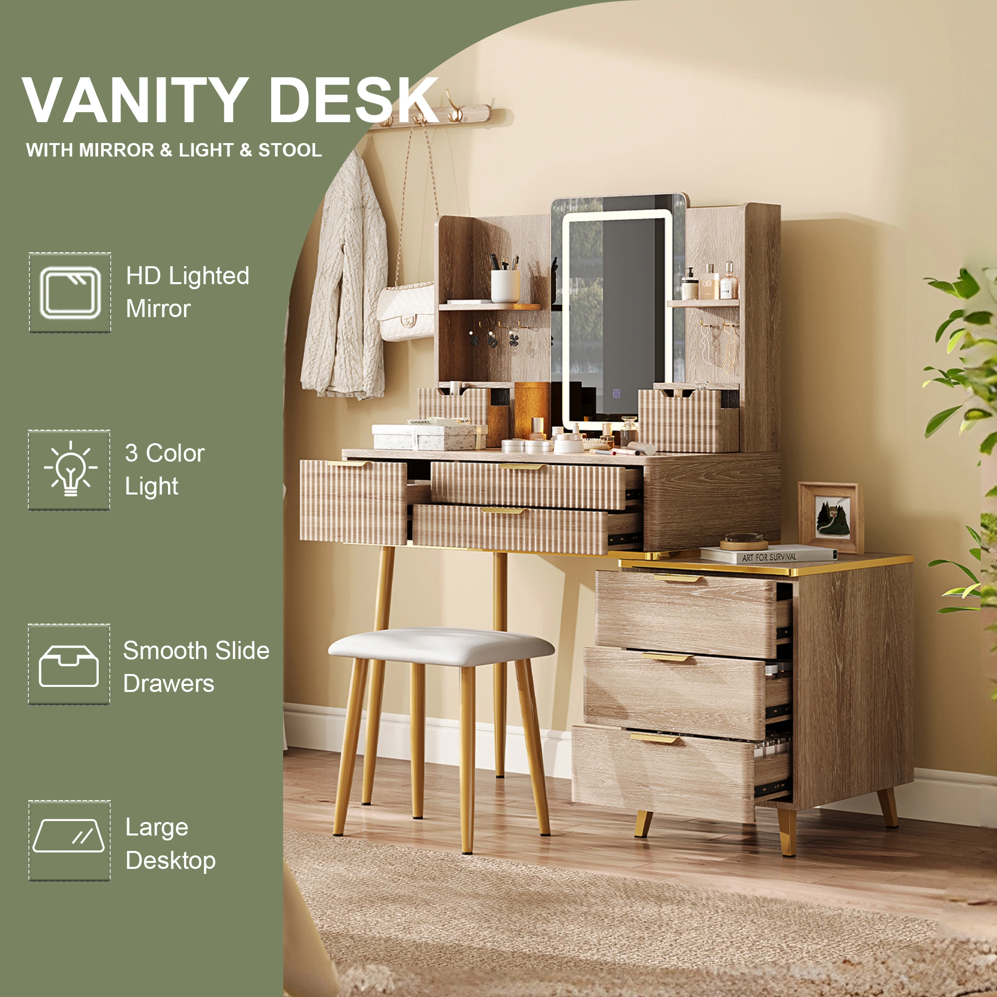 7-Drawer Vanity Desk with LED Mirror, Fluted Makeup Table & Jewelry Storage, PU view 5