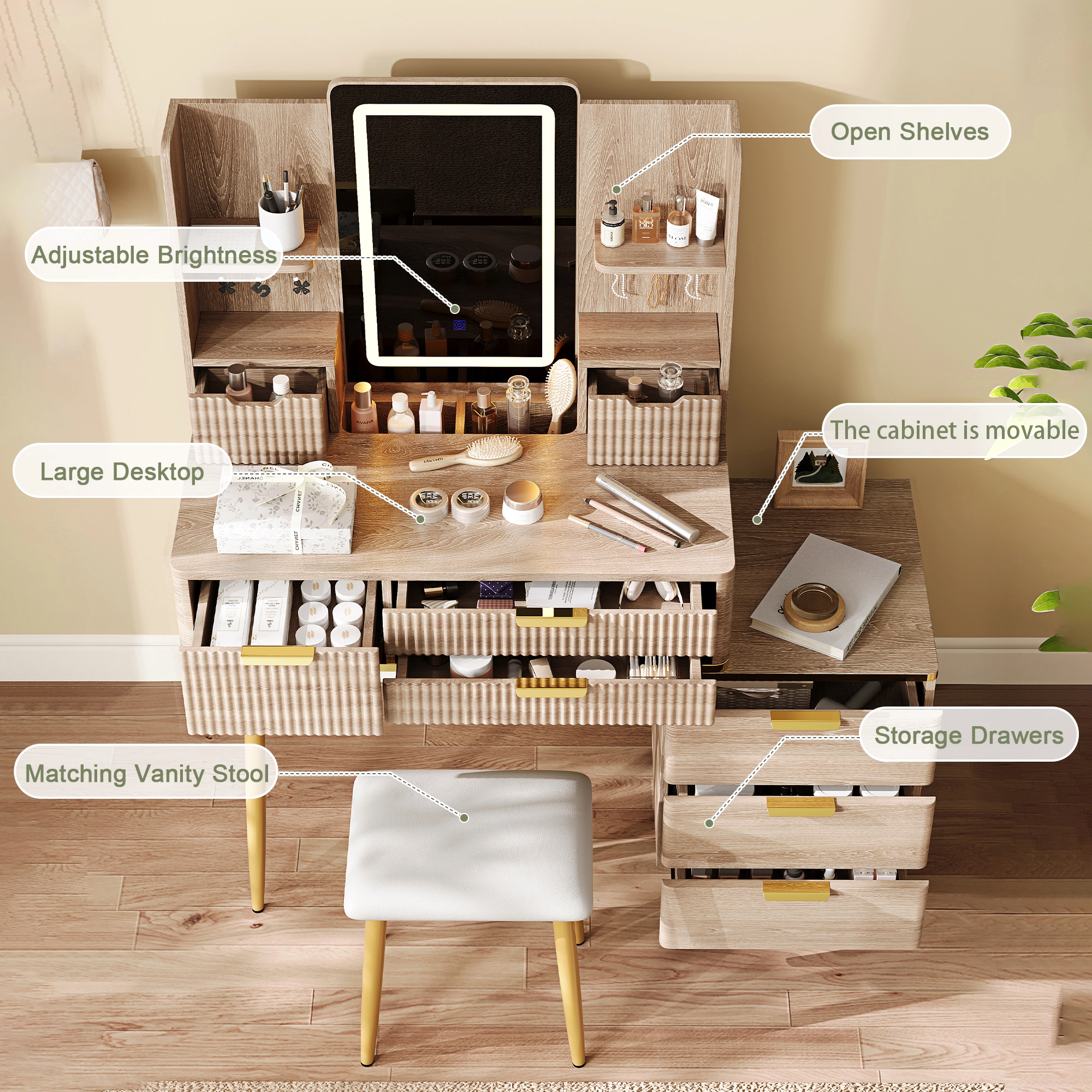 7-Drawer Vanity Desk with LED Mirror, Fluted Makeup Table & Jewelry Storage, PU view 7