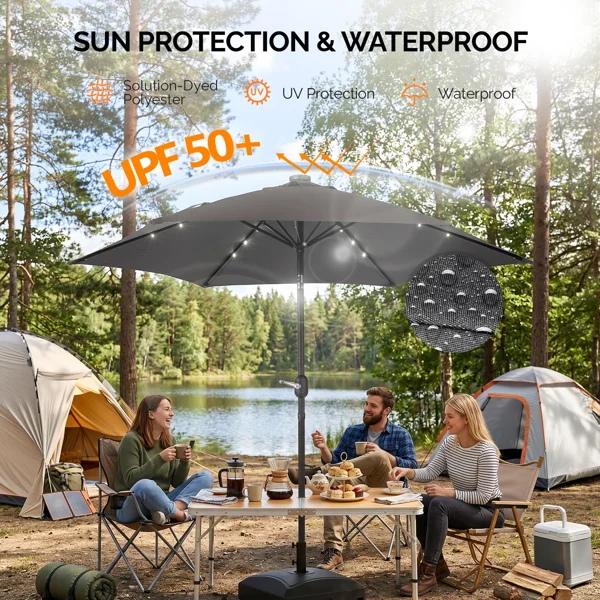 9ft Solar LED Patio Umbrella with Push Button Tilt & Crank, 6 Ribs Waterproof Polyester Outdoor Market Table Umbrella for Garden Backyard Pool, Gray view 5