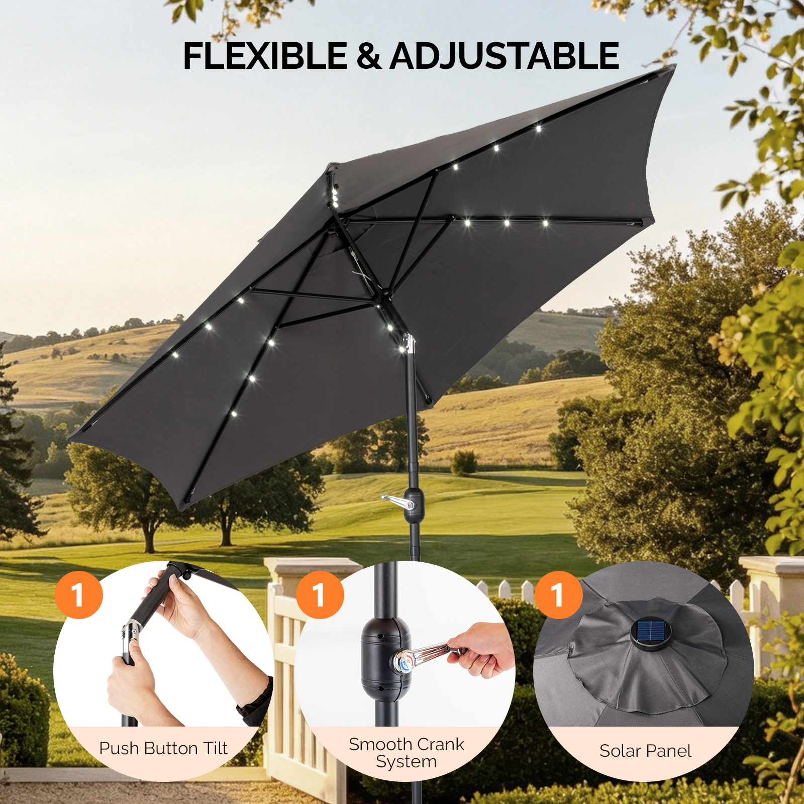 9ft Solar LED Patio Umbrella with Push Button Tilt & Crank, 6 Ribs Waterproof Polyester Outdoor Market Table Umbrella for Garden Backyard Pool, Gray view 3