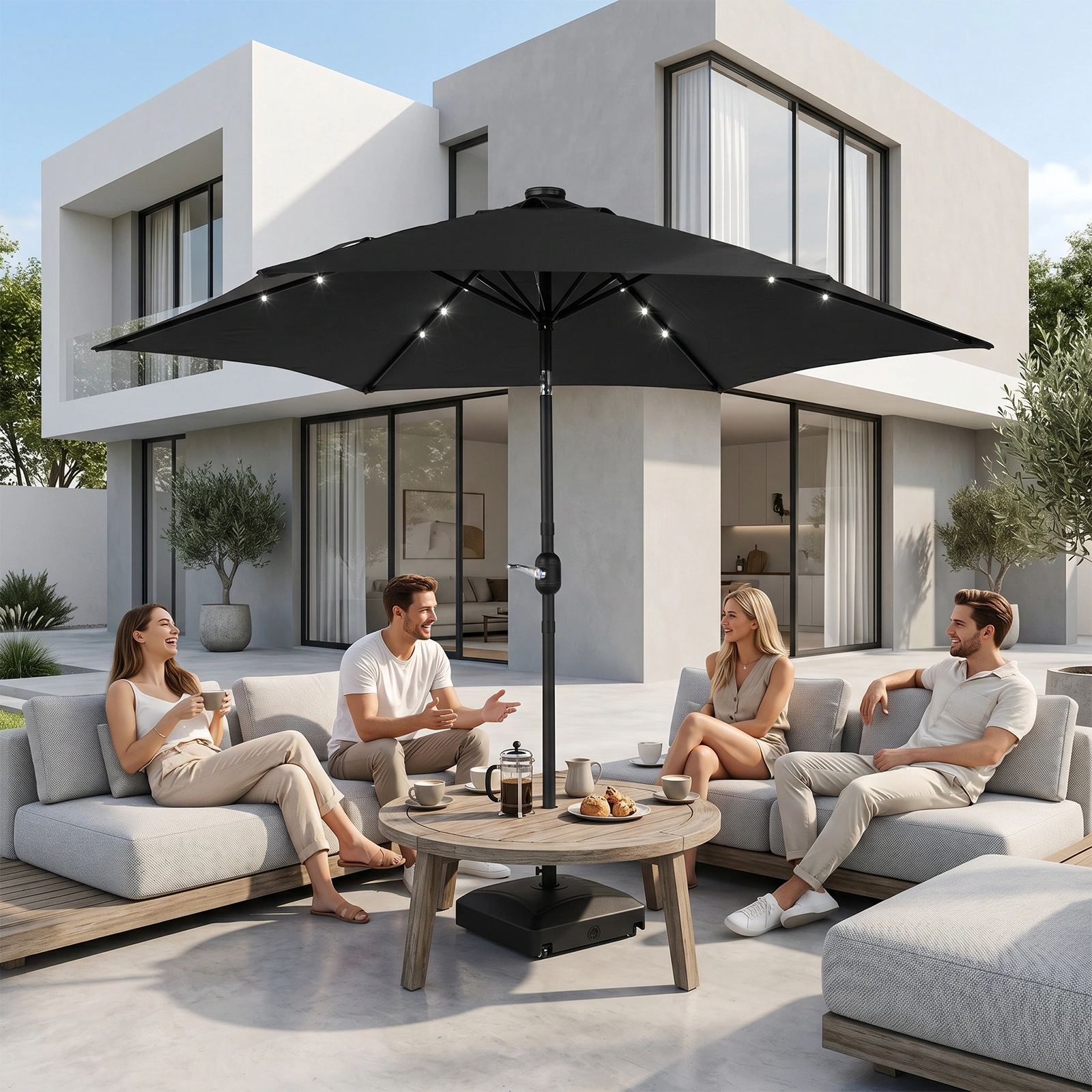 9ft Solar LED Patio Umbrella with Push Button Tilt & Crank, 6 Ribs Waterproof Polyester Outdoor Market Table Umbrella for Garden Backyard Pool, Gray view 8