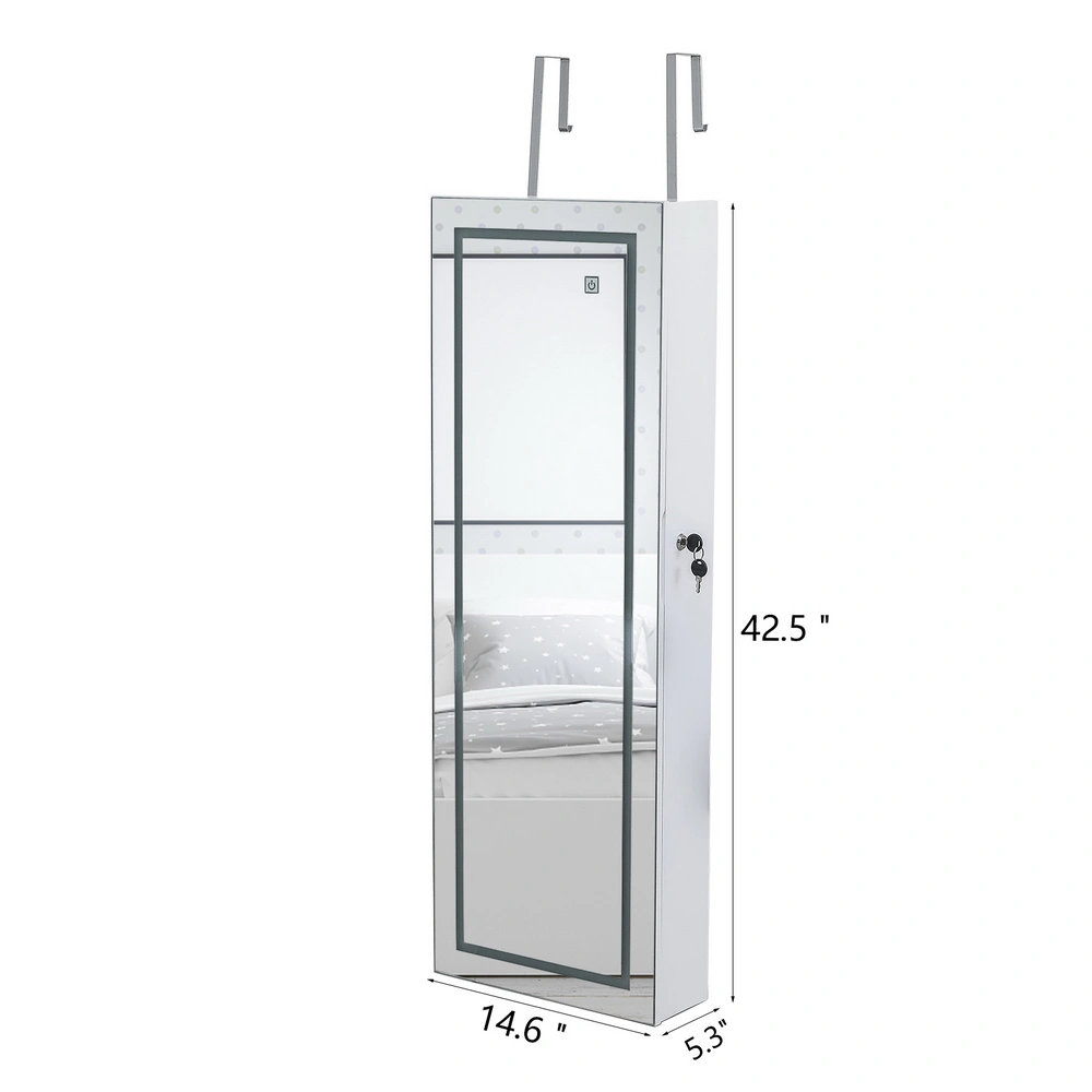Wooden Wall-Mounted Mirror Cabinet with 4-Tier Shelf, 3-Color LED Light, Full-Length Jewelry Storage Organizer - White view 2