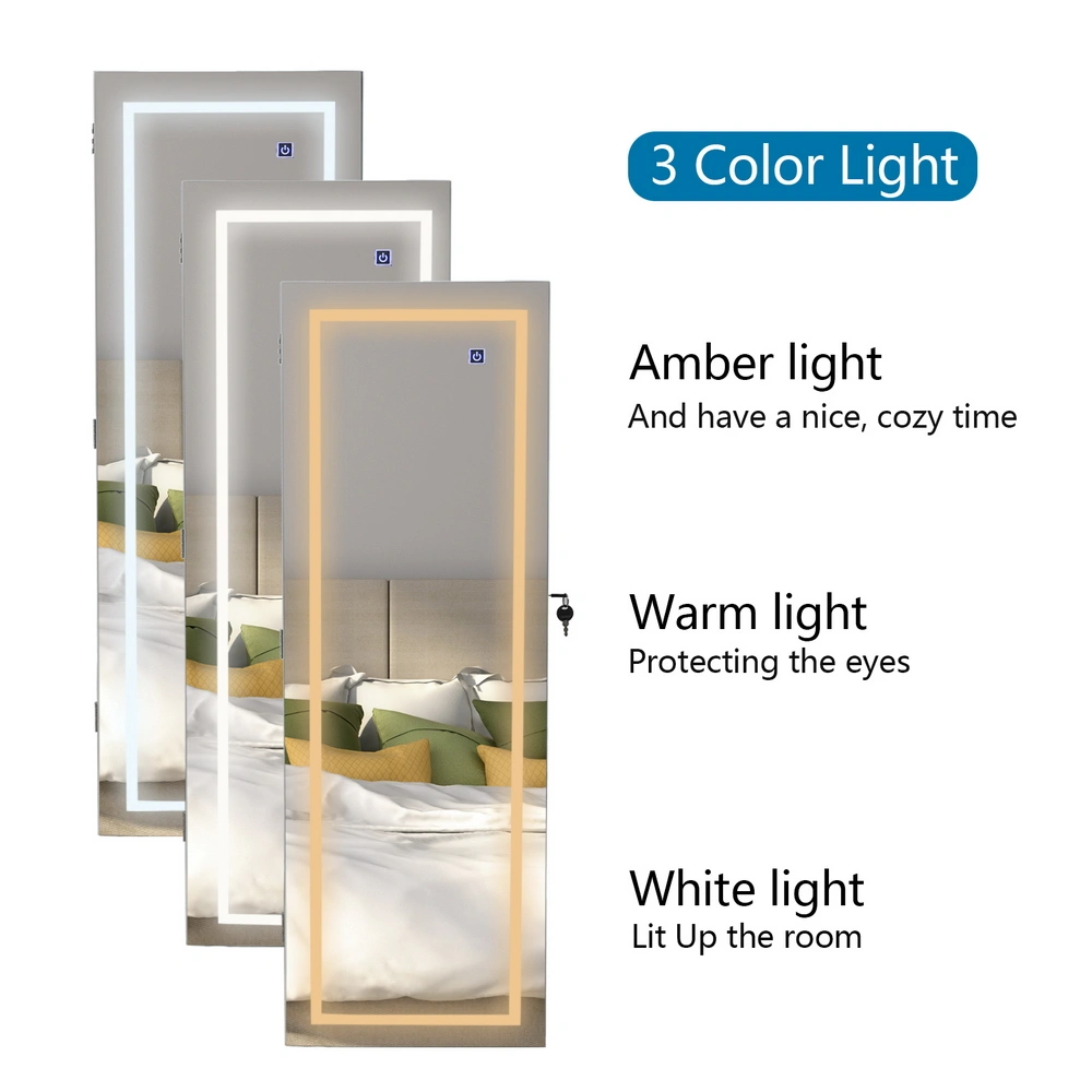 Wooden Wall-Mounted Mirror Cabinet with 4-Tier Shelf, 3-Color LED Light, Full-Length Jewelry Storage Organizer - White view 3