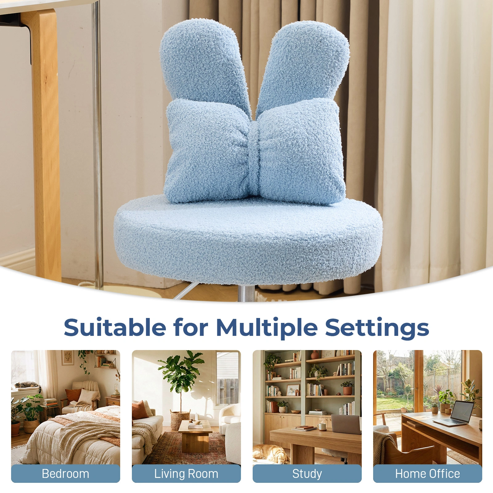 Bunny Ear Backrest Chair Teddy Plush Swivel Lounge Chair with Bow Pillow 360° Rotation Height Adjustable 17.5"-21.3" Space-Saving Chair for Bedroom Living Room Study Home Office Light Blue view 2