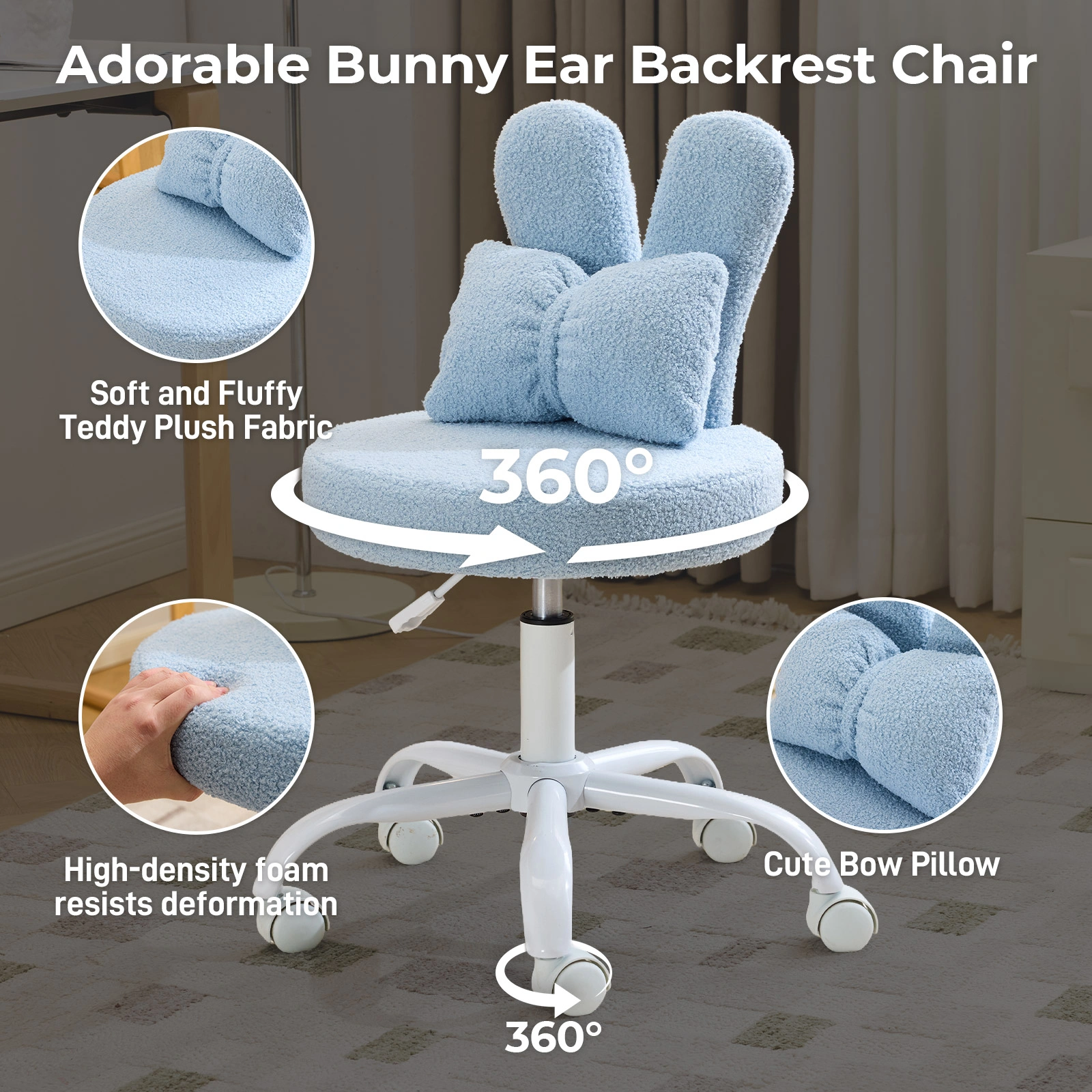 Bunny Ear Backrest Chair Teddy Plush Swivel Lounge Chair with Bow Pillow 360° Rotation Height Adjustable 17.5"-21.3" Space-Saving Chair for Bedroom Living Room Study Home Office Light Blue view 3