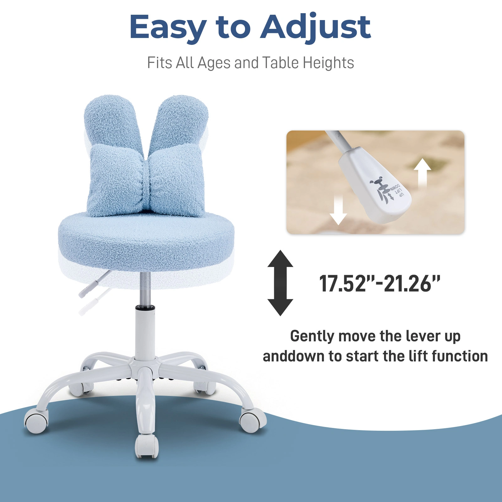 Bunny Ear Backrest Chair Teddy Plush Swivel Lounge Chair with Bow Pillow 360° Rotation Height Adjustable 17.5"-21.3" Space-Saving Chair for Bedroom Living Room Study Home Office Light Blue view 4