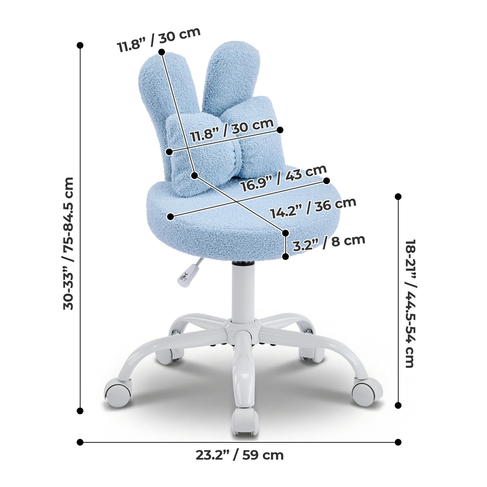 Bunny Ear Backrest Chair Teddy Plush Swivel Lounge Chair with Bow Pillow 360° Rotation Height Adjustable 17.5"-21.3" Space-Saving Chair for Bedroom Living Room Study Home Office Light Blue view 5