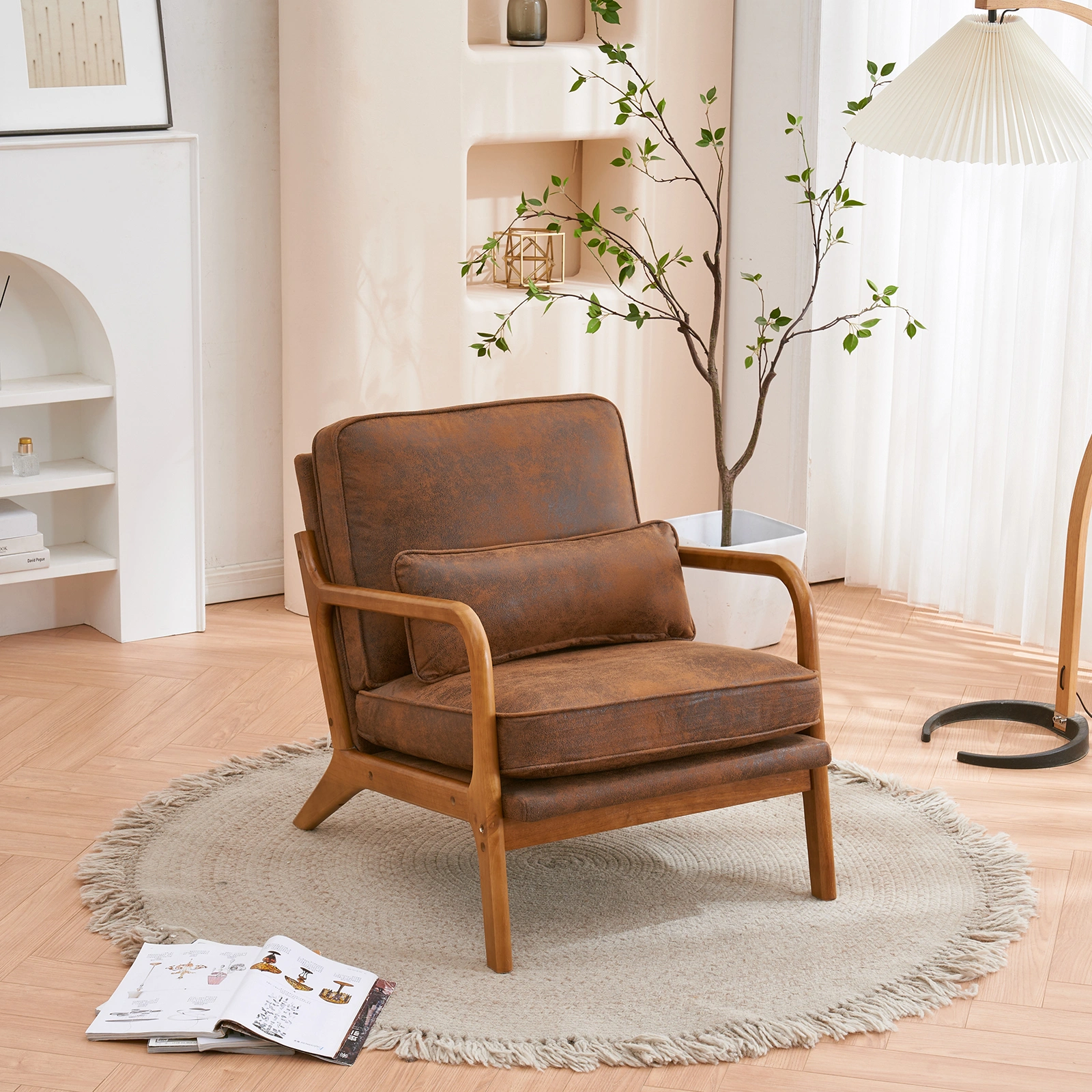Orange Upholstered Single Lounge Chair with Oak Armrests - Modern Indoor Accent Chair with Wooden Frame view 11
