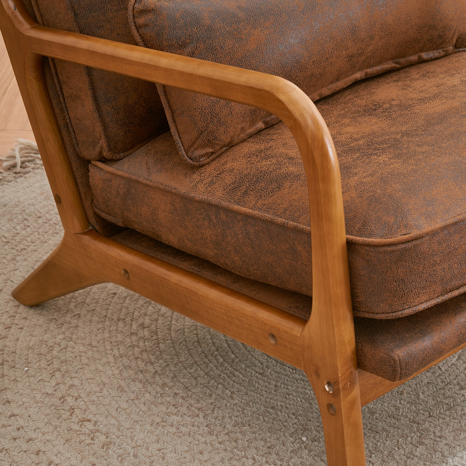 Orange Upholstered Single Lounge Chair with Oak Armrests - Modern Indoor Accent Chair with Wooden Frame view 21