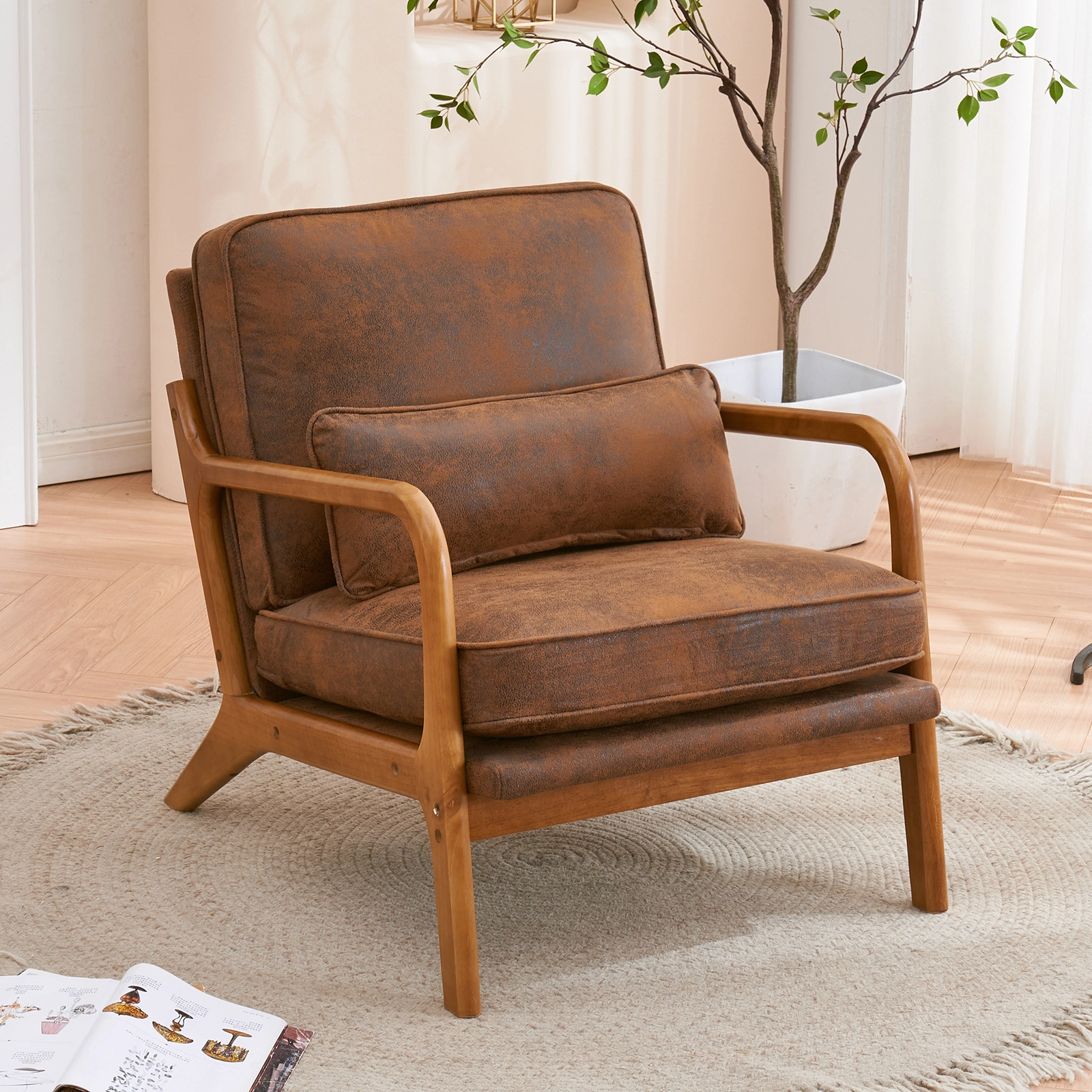 Orange Upholstered Single Lounge Chair with Oak Armrests - Modern Indoor Accent Chair with Wooden Frame view 23