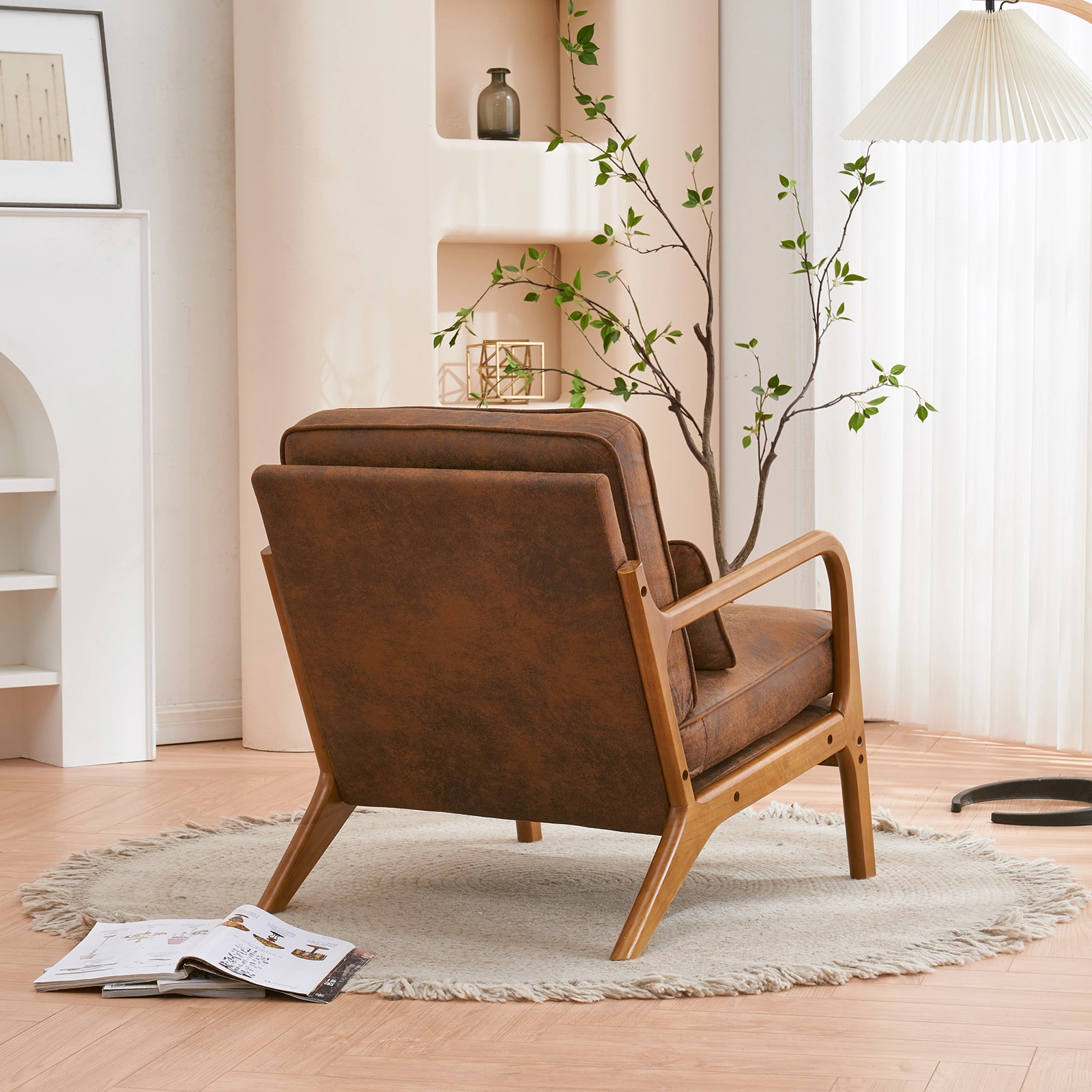 Orange Upholstered Single Lounge Chair with Oak Armrests - Modern Indoor Accent Chair with Wooden Frame view 25