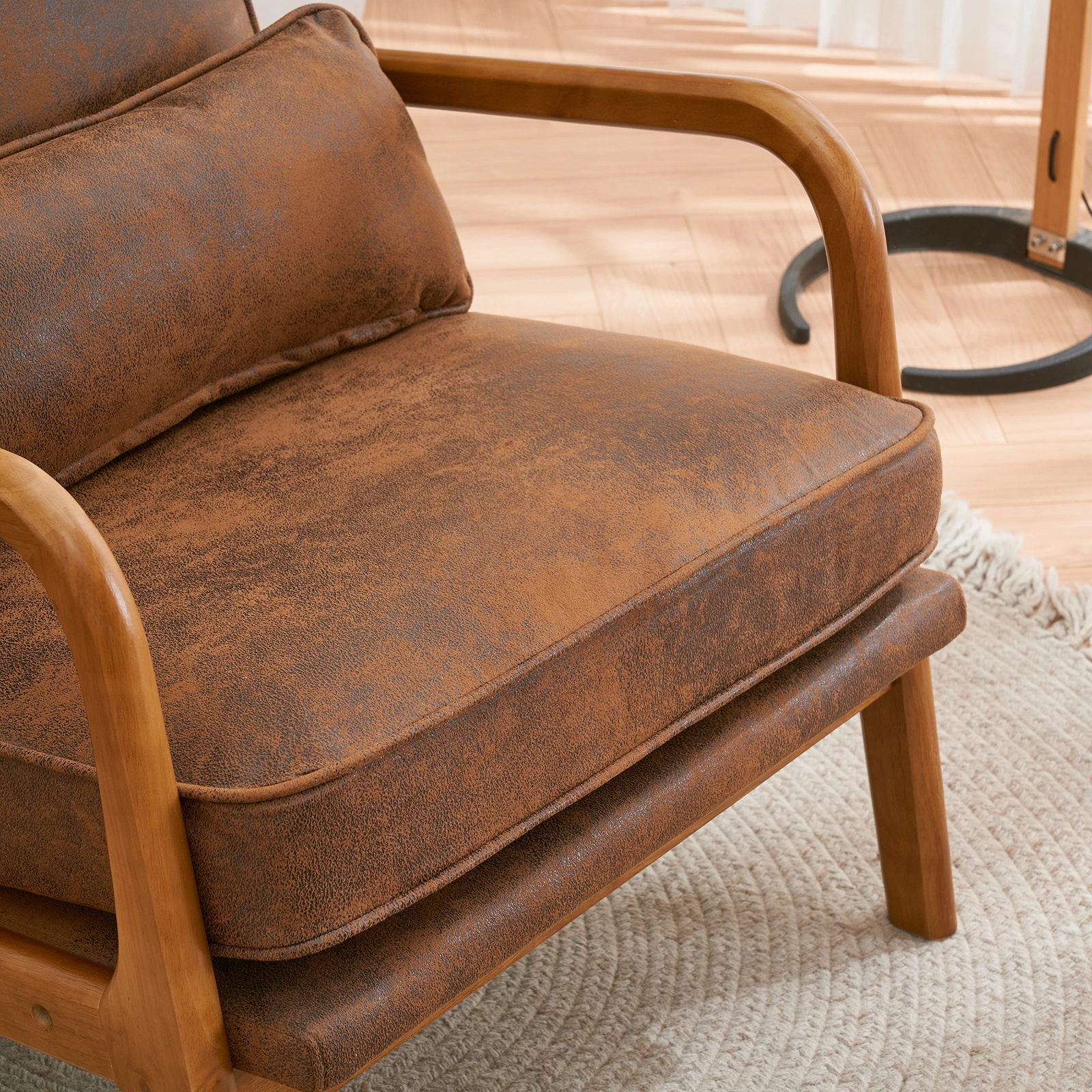 Orange Upholstered Single Lounge Chair with Oak Armrests - Modern Indoor Accent Chair with Wooden Frame view 27