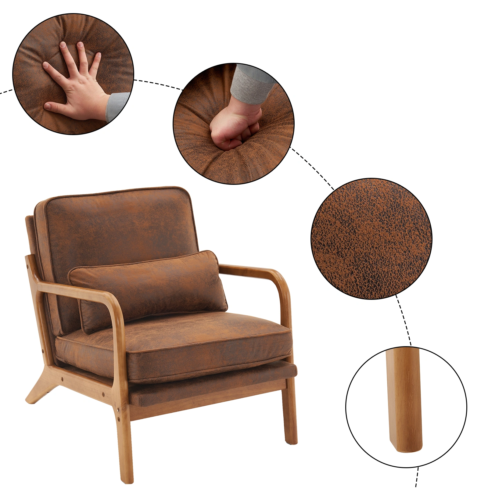 Orange Upholstered Single Lounge Chair with Oak Armrests - Modern Indoor Accent Chair with Wooden Frame view 7