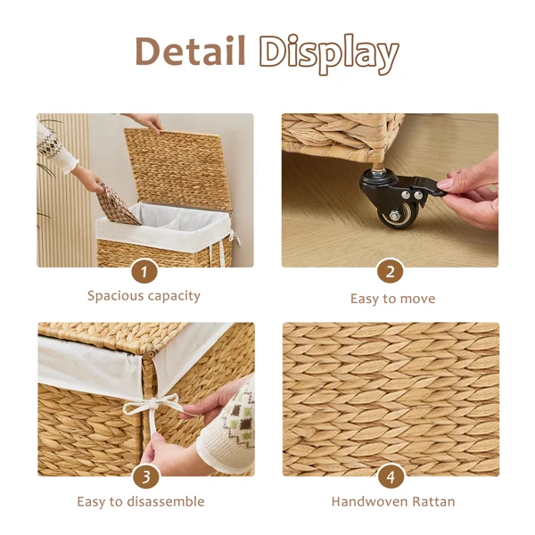 100L 2-Section Laundry Hamper with Lid and Wheels, Woven Natural Water Hyacinth Rolling Laundry Hamper view 4
