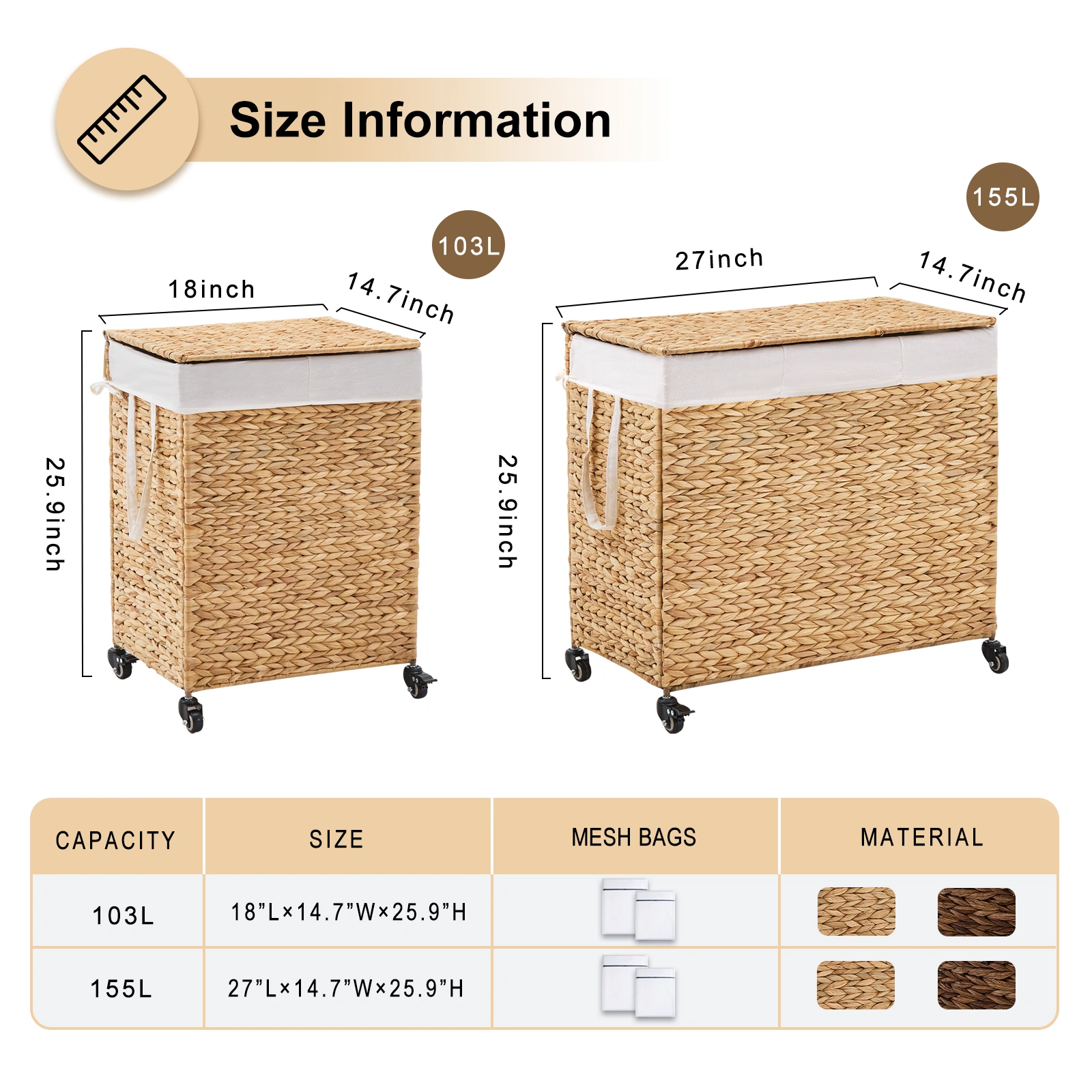 100L 2-Section Laundry Hamper with Lid and Wheels, Woven Natural Water Hyacinth Rolling Laundry Hamper view 3