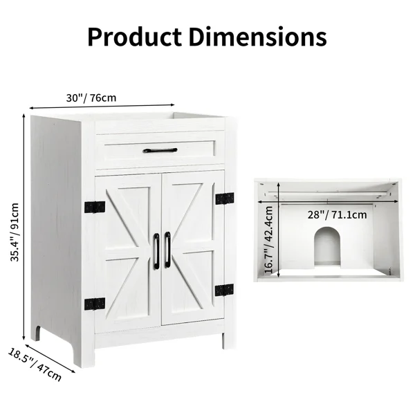 Washed white particleboard with melamine veneer, barn double door with U-shaped internal shelves, washbasin cabinet, 76*47*91cm (30 inches) view 4