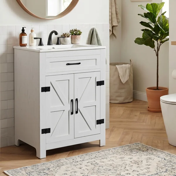 Washed white particleboard with melamine veneer, barn double door with U-shaped internal shelves, washbasin cabinet, 76*47*91cm (30 inches) view 5