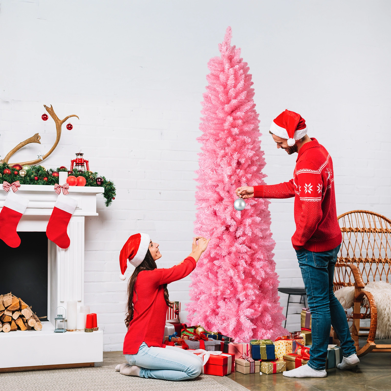 7.5 FT Hinged Christmas Tree, Artificial Pencil Christmas Tree, Unlit Artificial Christmas Pine Tree with 1075 Branch Tips and Sturdy Stand, Pink view 3