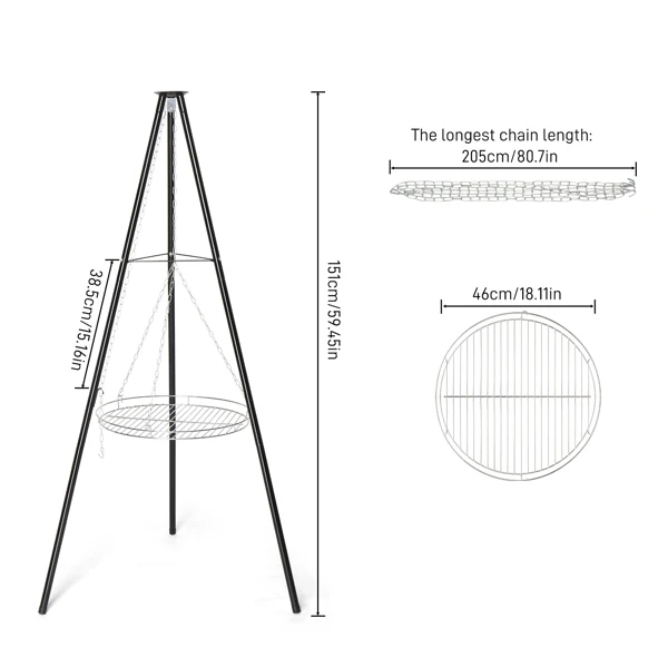 Campfire Tripod Grill, Adjustable Height BBQ Grill Grate for Cooking Over Fire, Firepit Cooking Rack, Black view 4