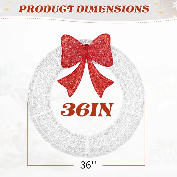 36in Pre-lit Outdoor Christmas Wreath Decoration, Lighted Metal Wreath with Red Bow, Remote Control LED Lights with Timer, for Front Door Gate Wall Indoor Outdoor Holiday Party, White view 2