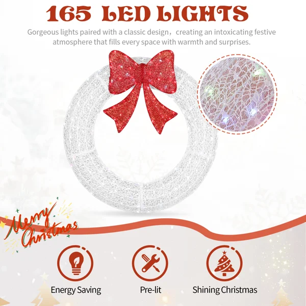 36in Pre-lit Outdoor Christmas Wreath Decoration, Lighted Metal Wreath with Red Bow, Remote Control LED Lights with Timer, for Front Door Gate Wall Indoor Outdoor Holiday Party, White view 3