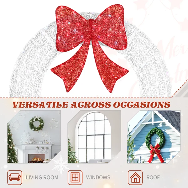 36in Pre-lit Outdoor Christmas Wreath Decoration, Lighted Metal Wreath with Red Bow, Remote Control LED Lights with Timer, for Front Door Gate Wall Indoor Outdoor Holiday Party, White view 4