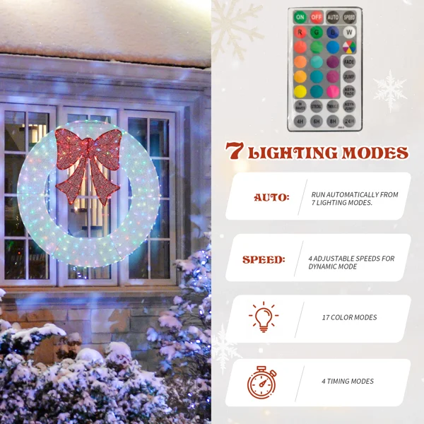36in Pre-lit Outdoor Christmas Wreath Decoration, Lighted Metal Wreath with Red Bow, Remote Control LED Lights with Timer, for Front Door Gate Wall Indoor Outdoor Holiday Party, White view 5