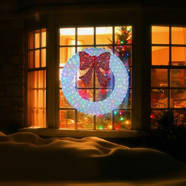36in Pre-lit Outdoor Christmas Wreath Decoration, Lighted Metal Wreath with Red Bow, Remote Control LED Lights with Timer, for Front Door Gate Wall Indoor Outdoor Holiday Party, White view 6