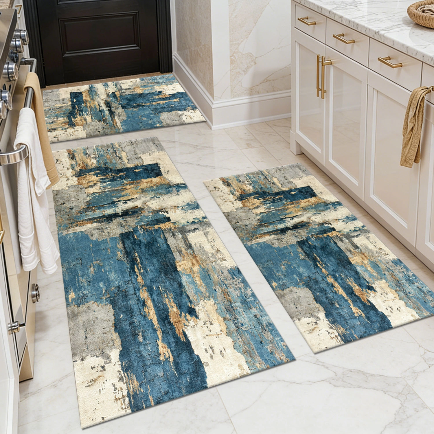 Three-piece kitchen rug set, non-slip and washable, abstract pattern kitchen hallway rug, soft and comfortable, suitable for sinks, floors, entrances, hallways and bathrooms.