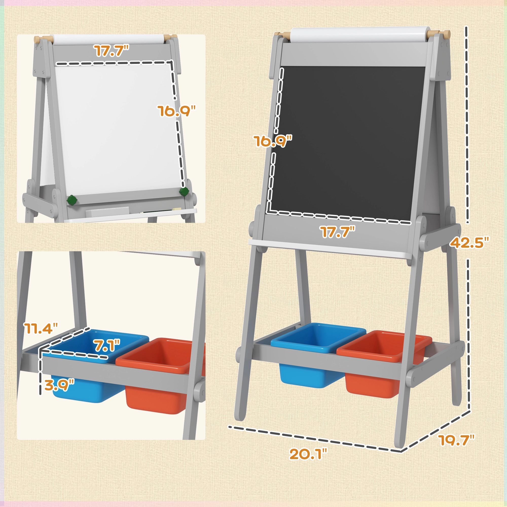 Kids Art Easel, Double-Sided Magnetic Whiteboard & Chalkboard, Adjustable Height, Washable view 2