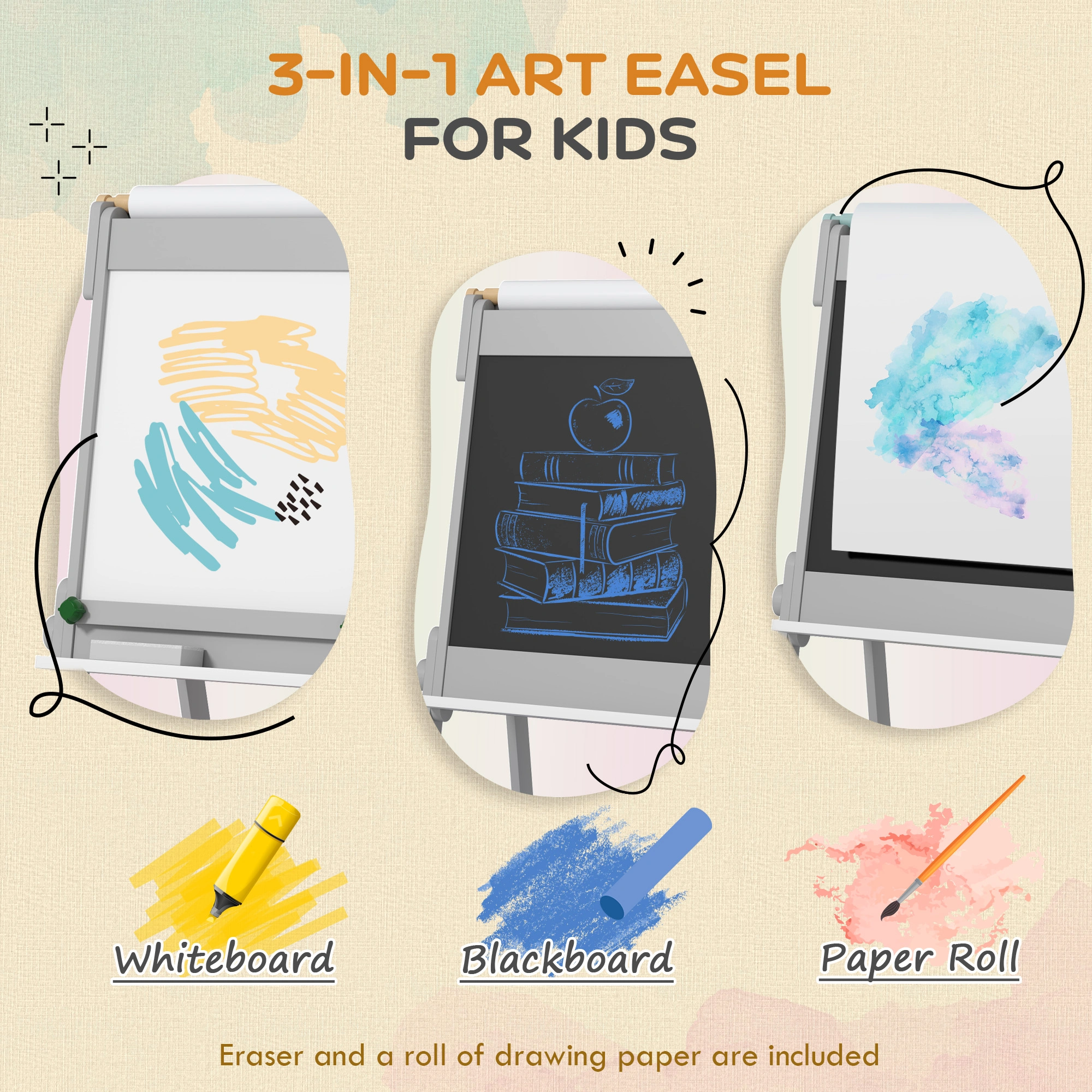 Kids Art Easel, Double-Sided Magnetic Whiteboard & Chalkboard, Adjustable Height, Washable view 3