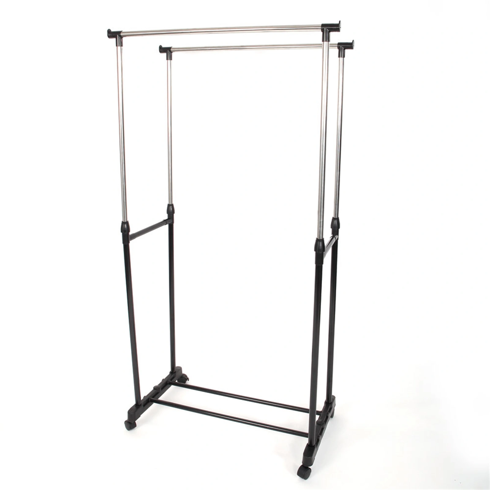 YJ-03 Dual-Bar Clothes Rack with Shoe Shelf - Vertical & Horizontal Stretching Garment Stand, Black & Silver