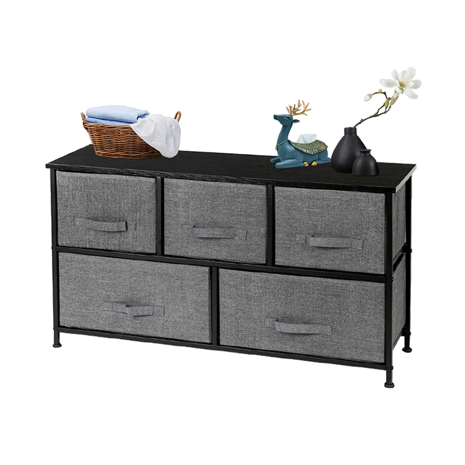 2-Tier Wide Closet Dresser Tower, 5-Drawer Nursery Organizer with Metal Frame, Multi-Purpose Fabric Drawer Unit for Closet, Dorm, Living Room, Hallway, Grey view 2