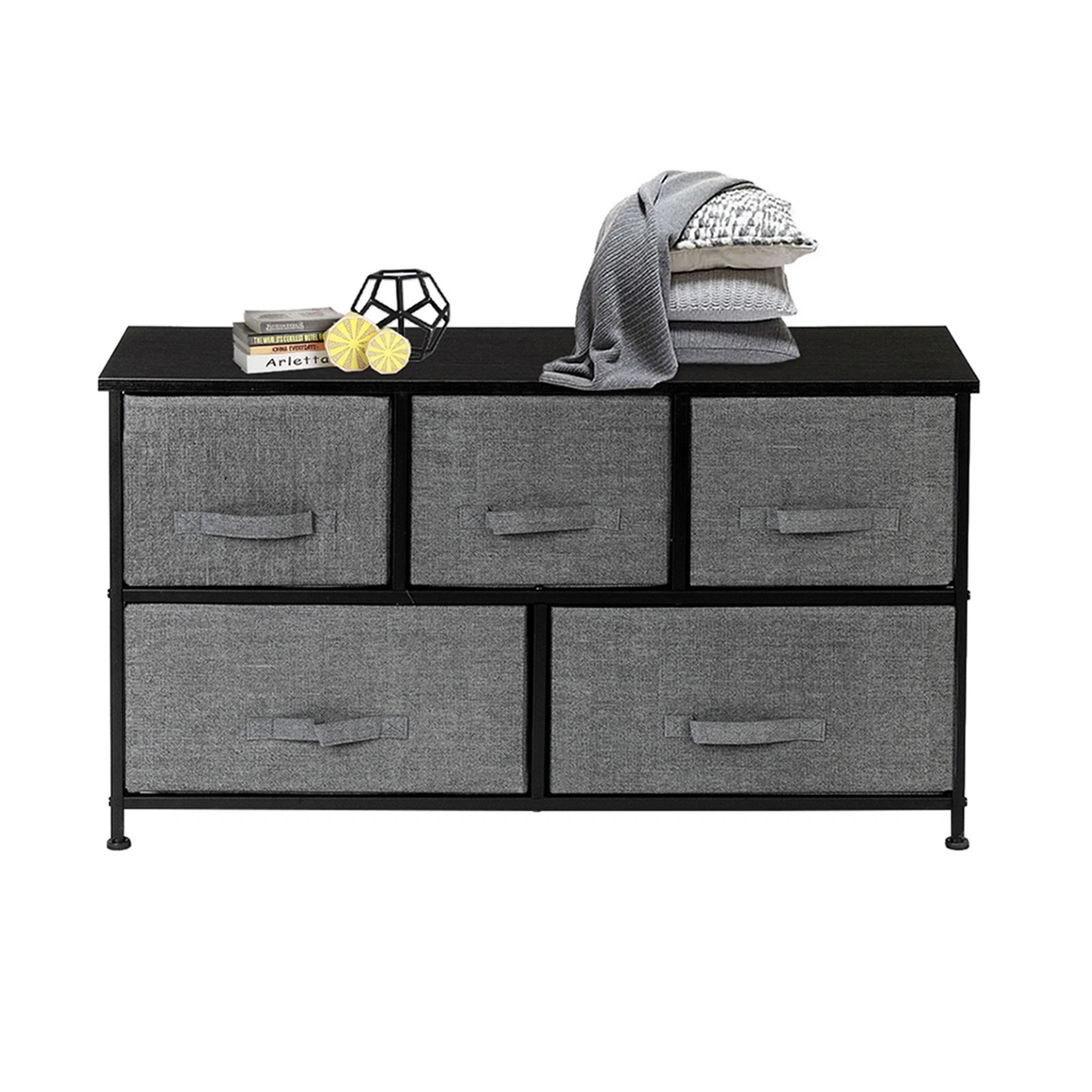 2-Tier Wide Closet Dresser Tower, 5-Drawer Nursery Organizer with Metal Frame, Multi-Purpose Fabric Drawer Unit for Closet, Dorm, Living Room, Hallway, Grey view 3